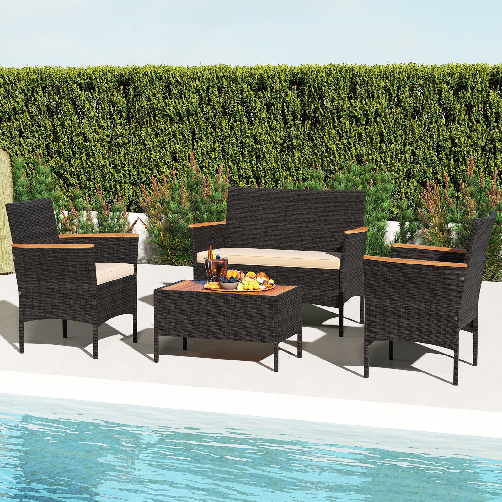 4 Piece Patio Wicker Sofa Set, 2 Rattan Chairs and Loveseat with Table, Brown - Image 2