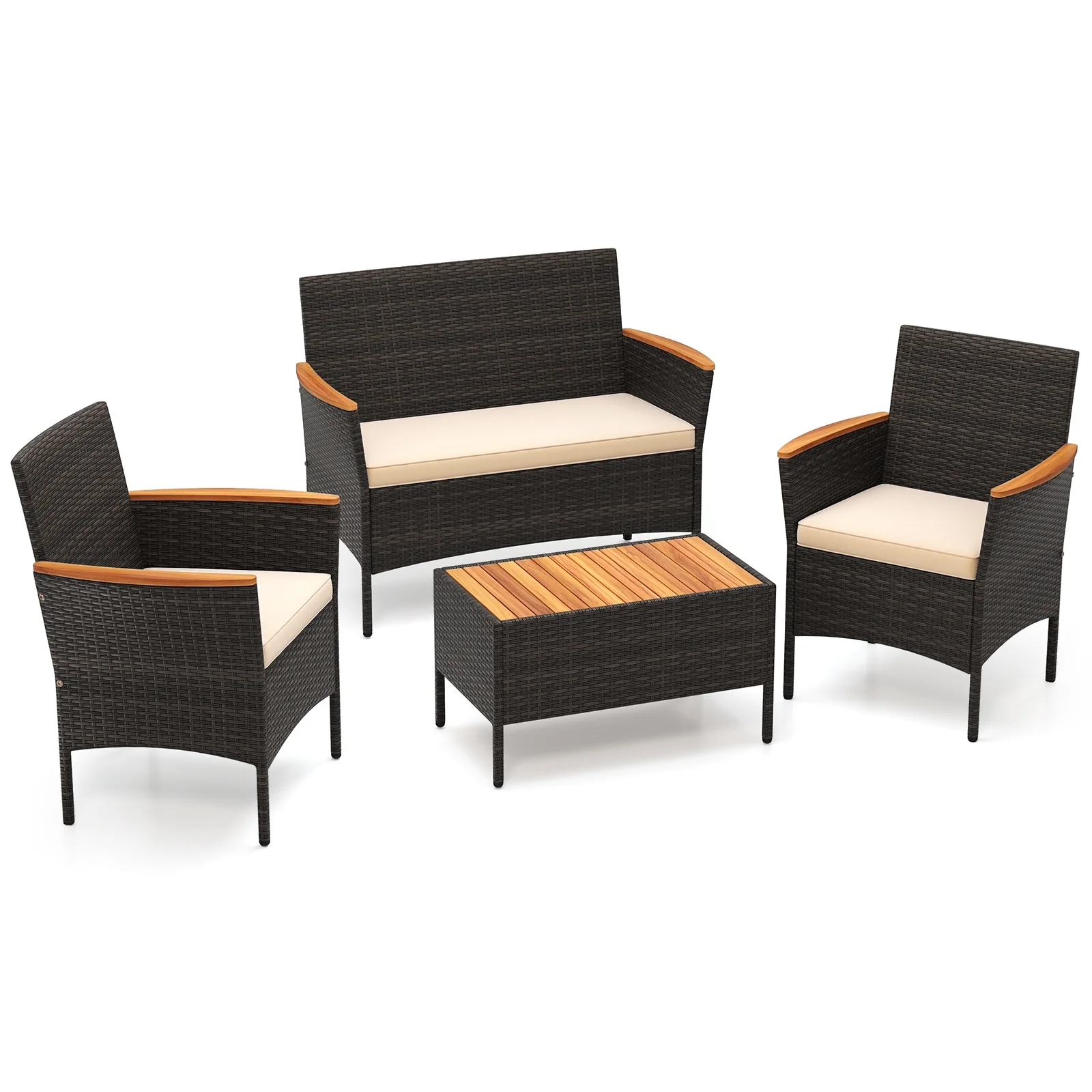 4 Piece Patio Wicker Sofa Set, 2 Rattan Chairs and Loveseat with Table, Brown - Image 4