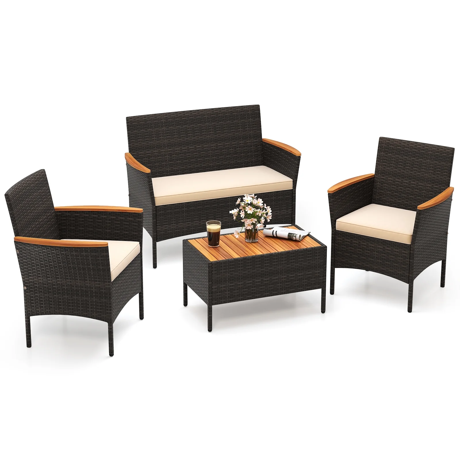 4 Piece Patio Wicker Sofa Set, 2 Rattan Chairs and Loveseat with Table, Brown - Image 5