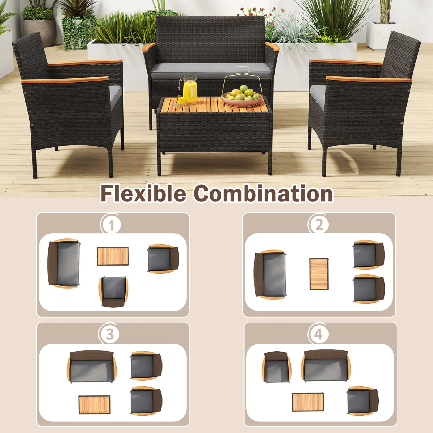 4 Piece Patio Wicker Sofa Set, 2 Rattan Chairs, Loveseat With Table, Grey - Image 8