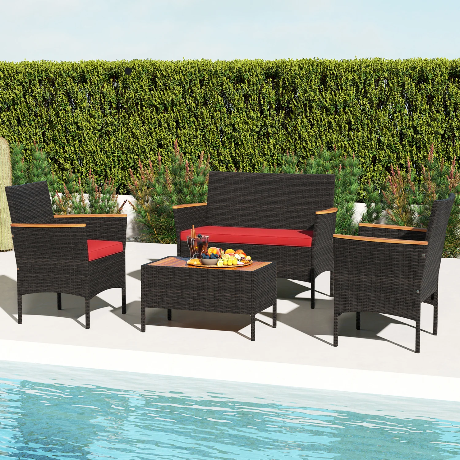 4 Piece Patio Wicker Sofa Set, 2 Rattan Chairs, Loveseat With Table, Red - Image 2