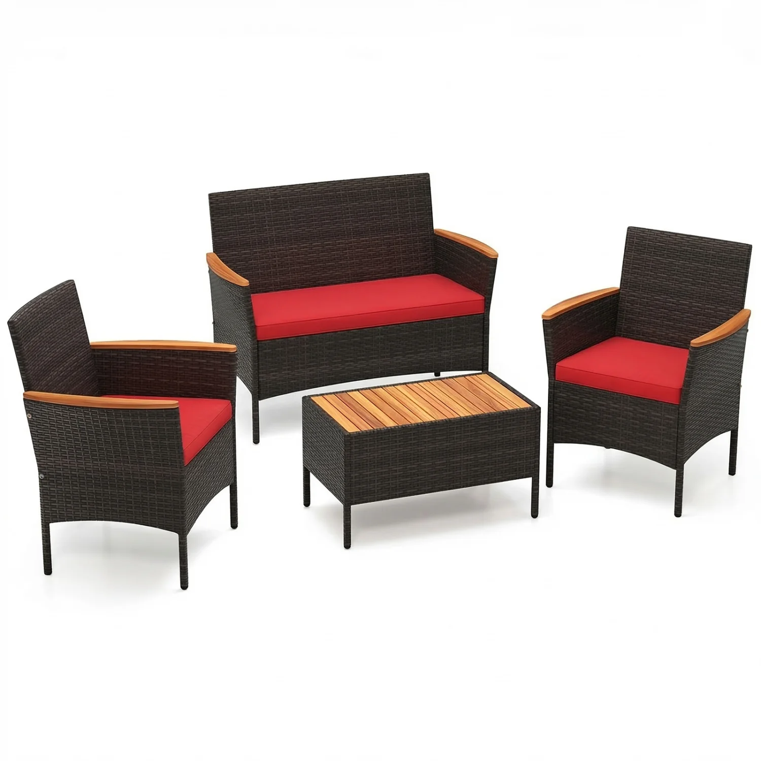4 Piece Patio Wicker Sofa Set, 2 Rattan Chairs, Loveseat With Table, Red - Image 4