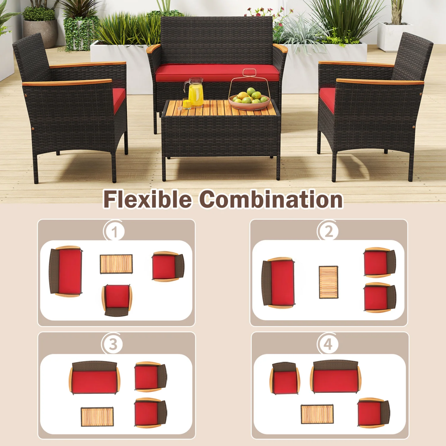 4 Piece Patio Wicker Sofa Set, 2 Rattan Chairs, Loveseat With Table, Red - Image 8