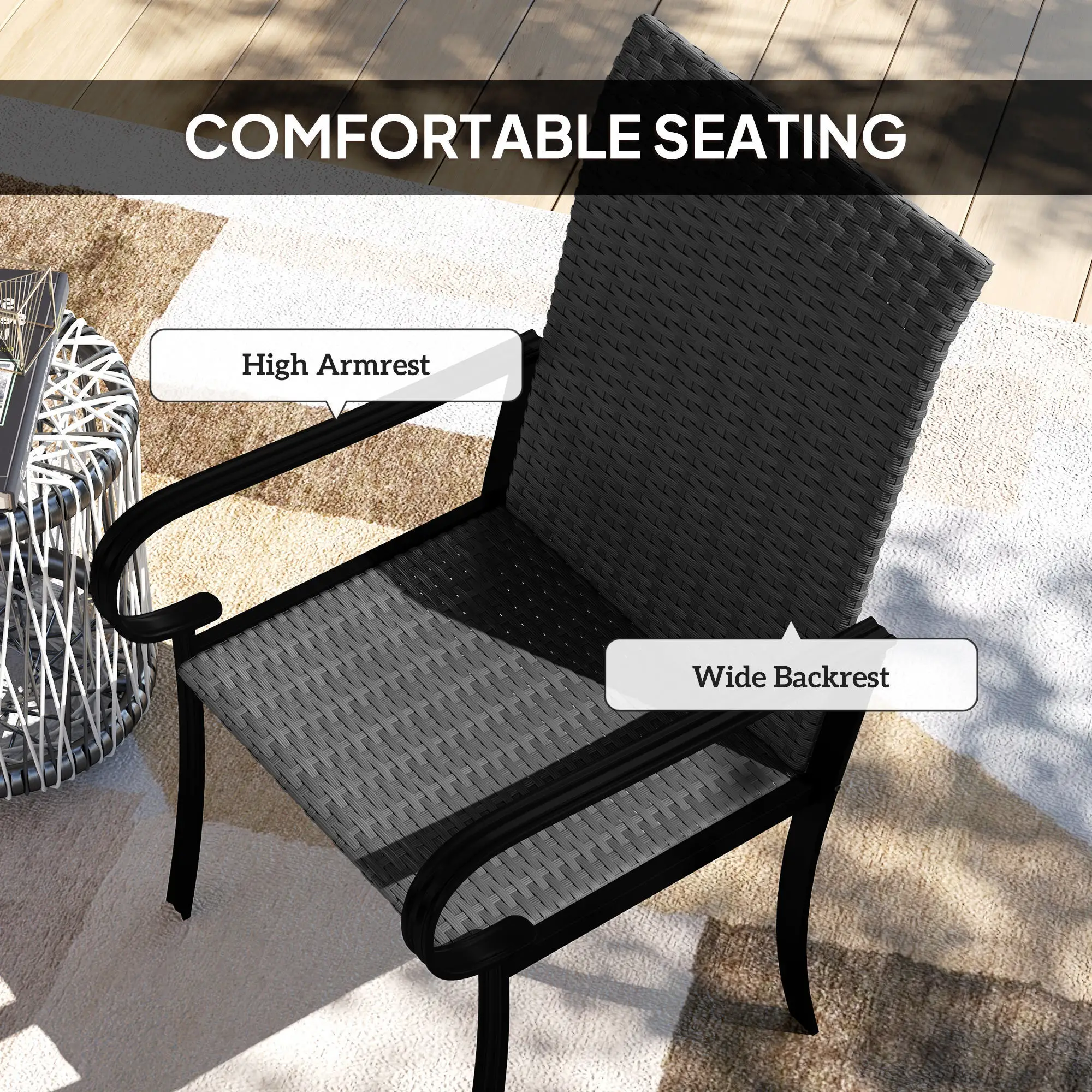 4 Piece PE Rattan Dining Chairs, Steel Frame, Black - Image 5