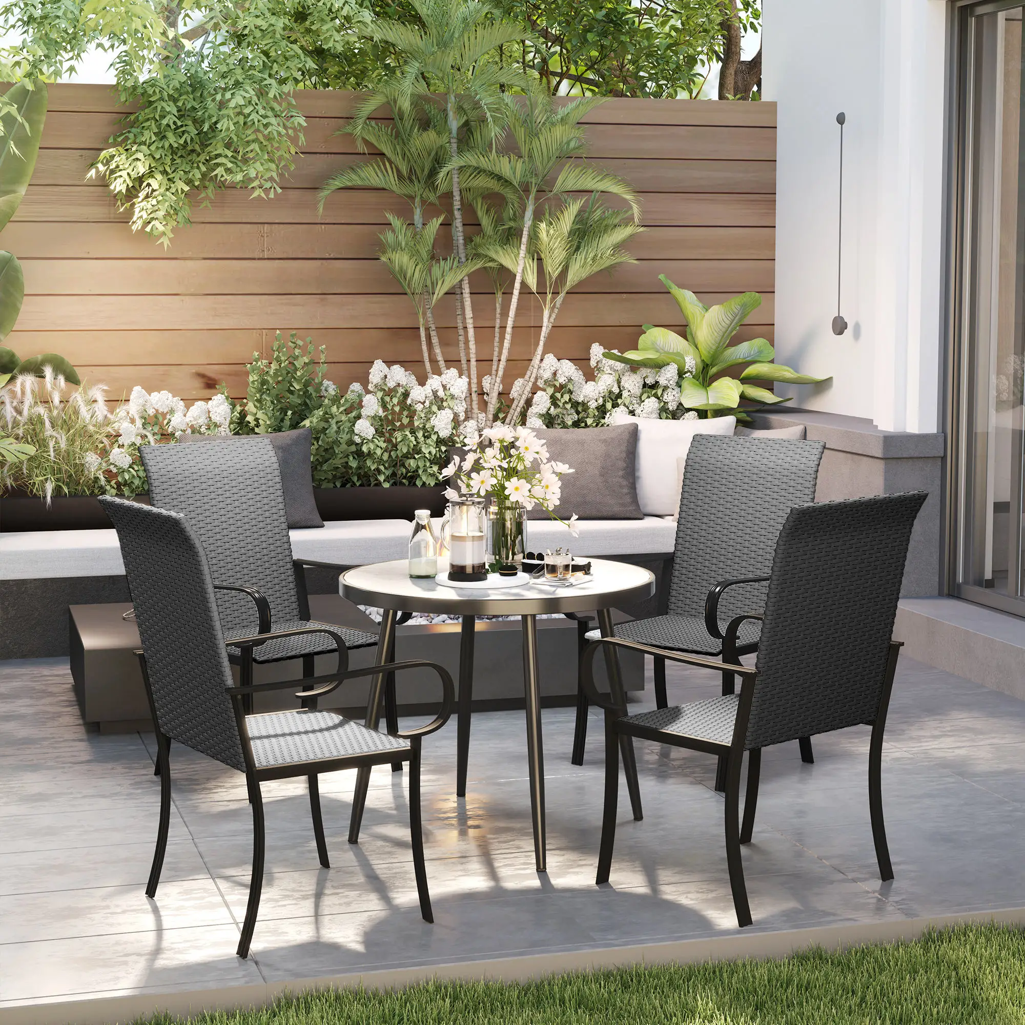 4 Piece PE Rattan Dining Chairs, Steel Frame, Black - Image 8