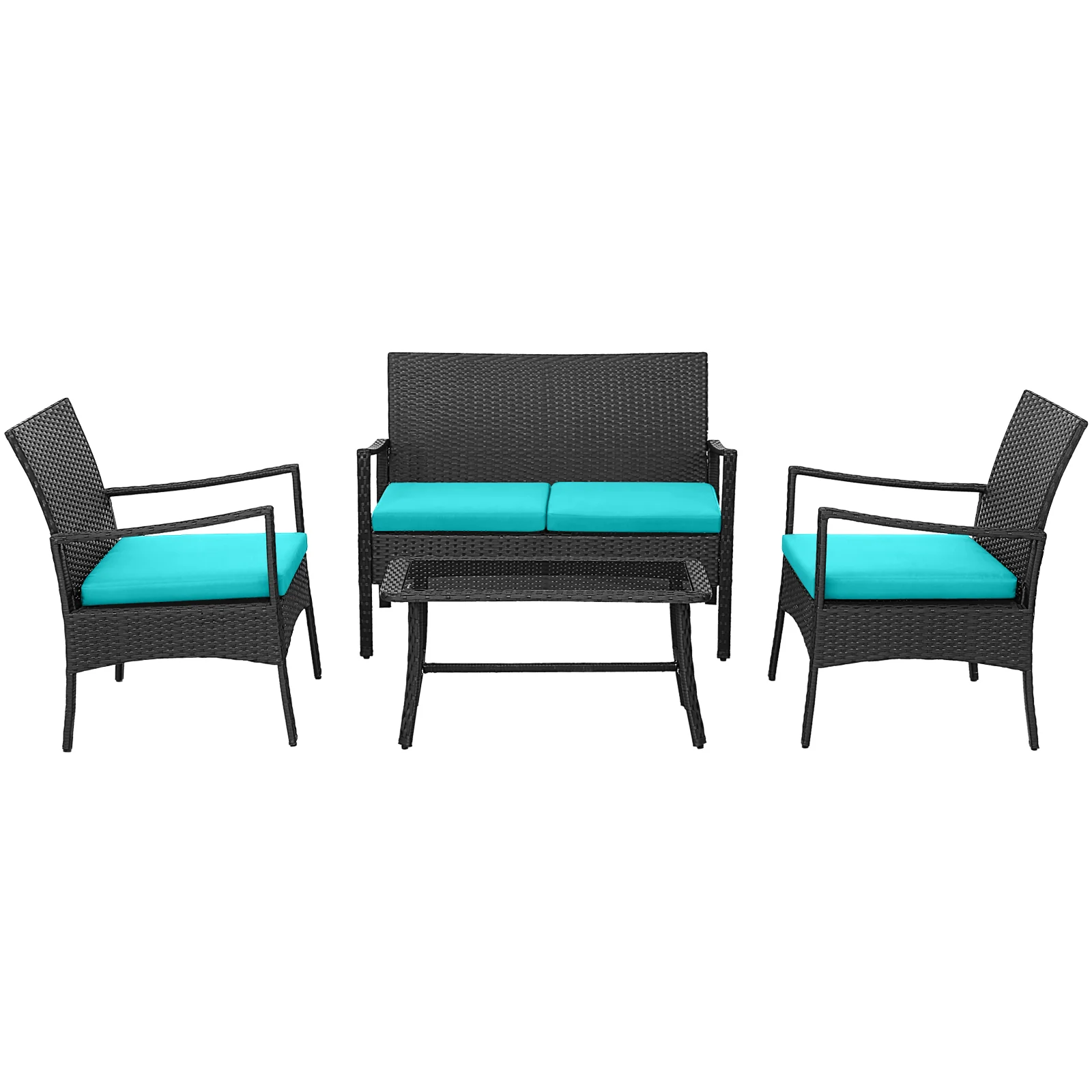 4 Piece Rattan Conversation Set, Tempered Glass Coffee Table, Turquoise - Image 10
