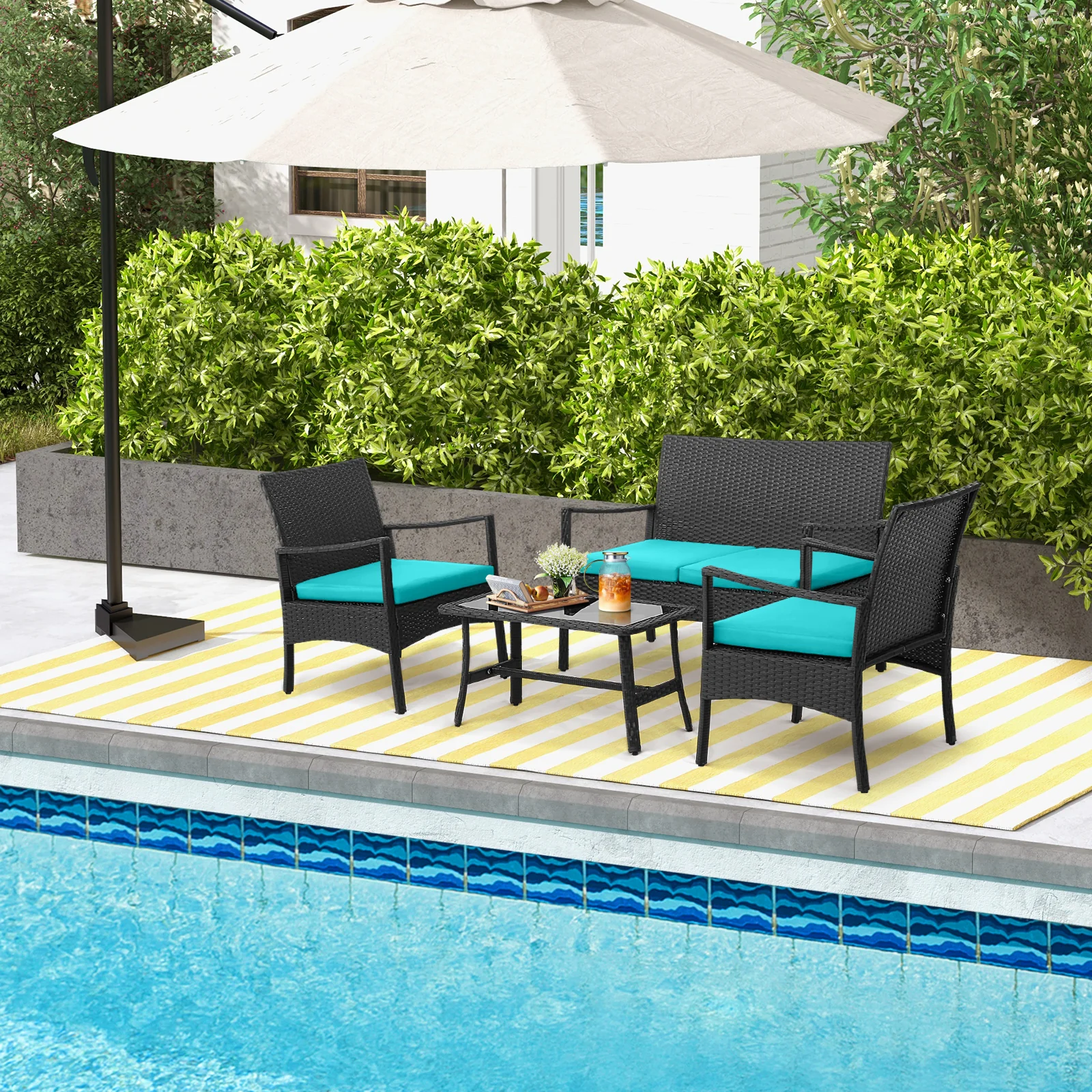 4 Piece Rattan Conversation Set, Tempered Glass Coffee Table, Turquoise - Image 2