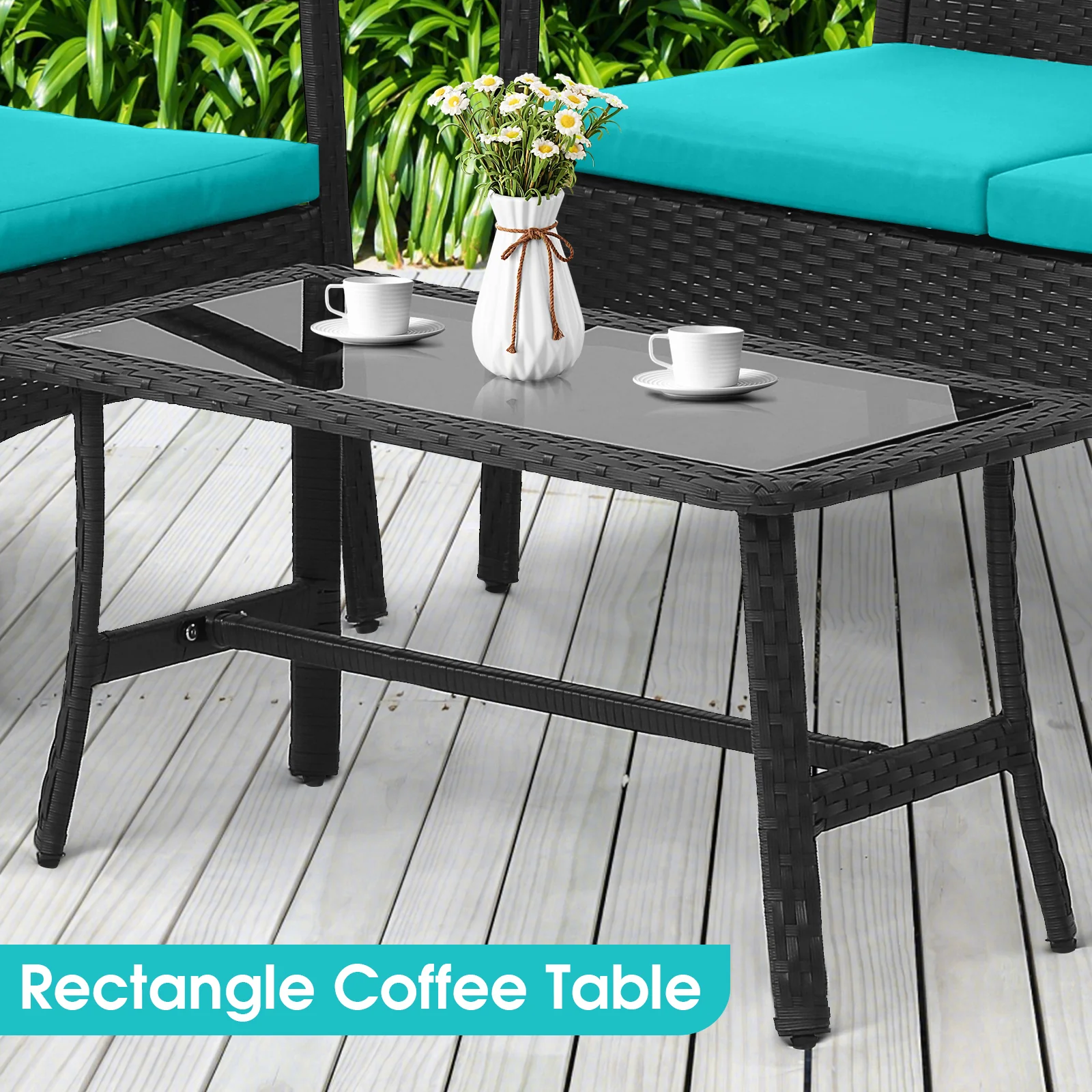 4 Piece Rattan Conversation Set, Tempered Glass Coffee Table, Turquoise - Image 3