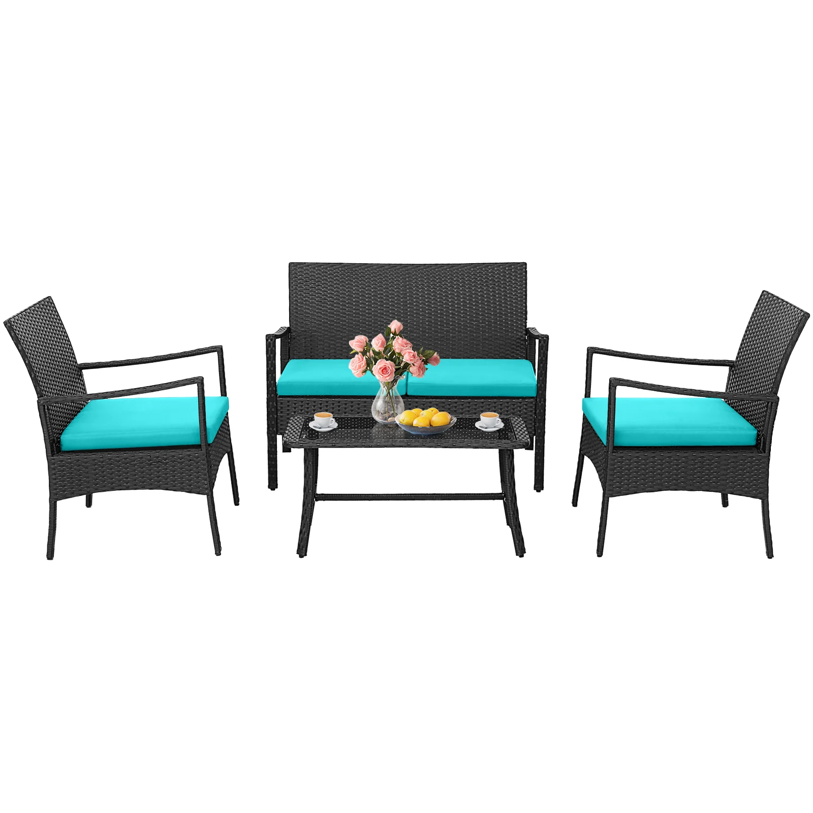 4 Piece Rattan Conversation Set, Tempered Glass Coffee Table, Turquoise - Image 4