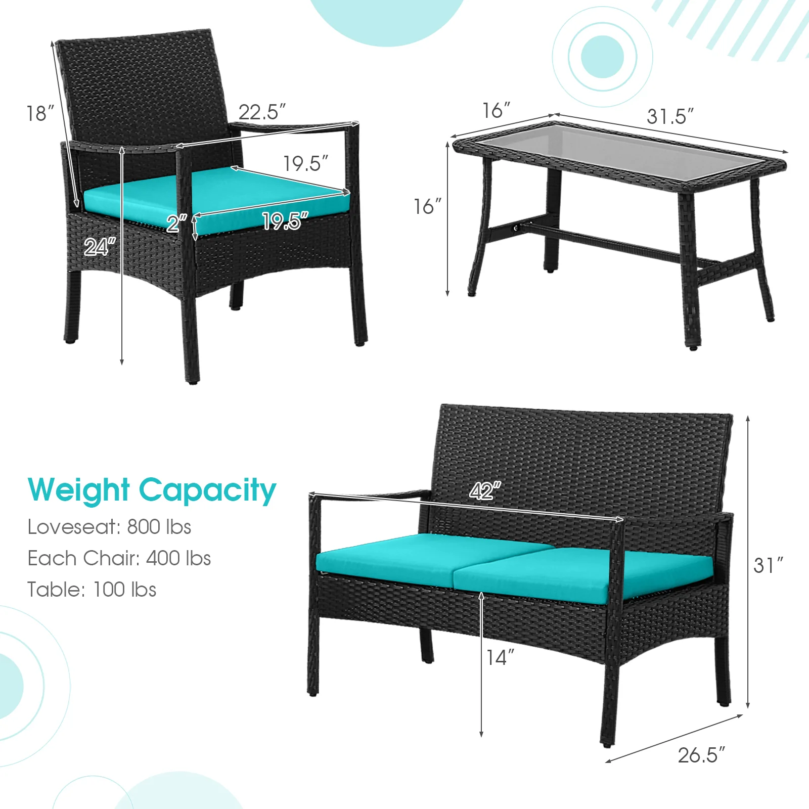 4 Piece Rattan Conversation Set, Tempered Glass Coffee Table, Turquoise - Image 5