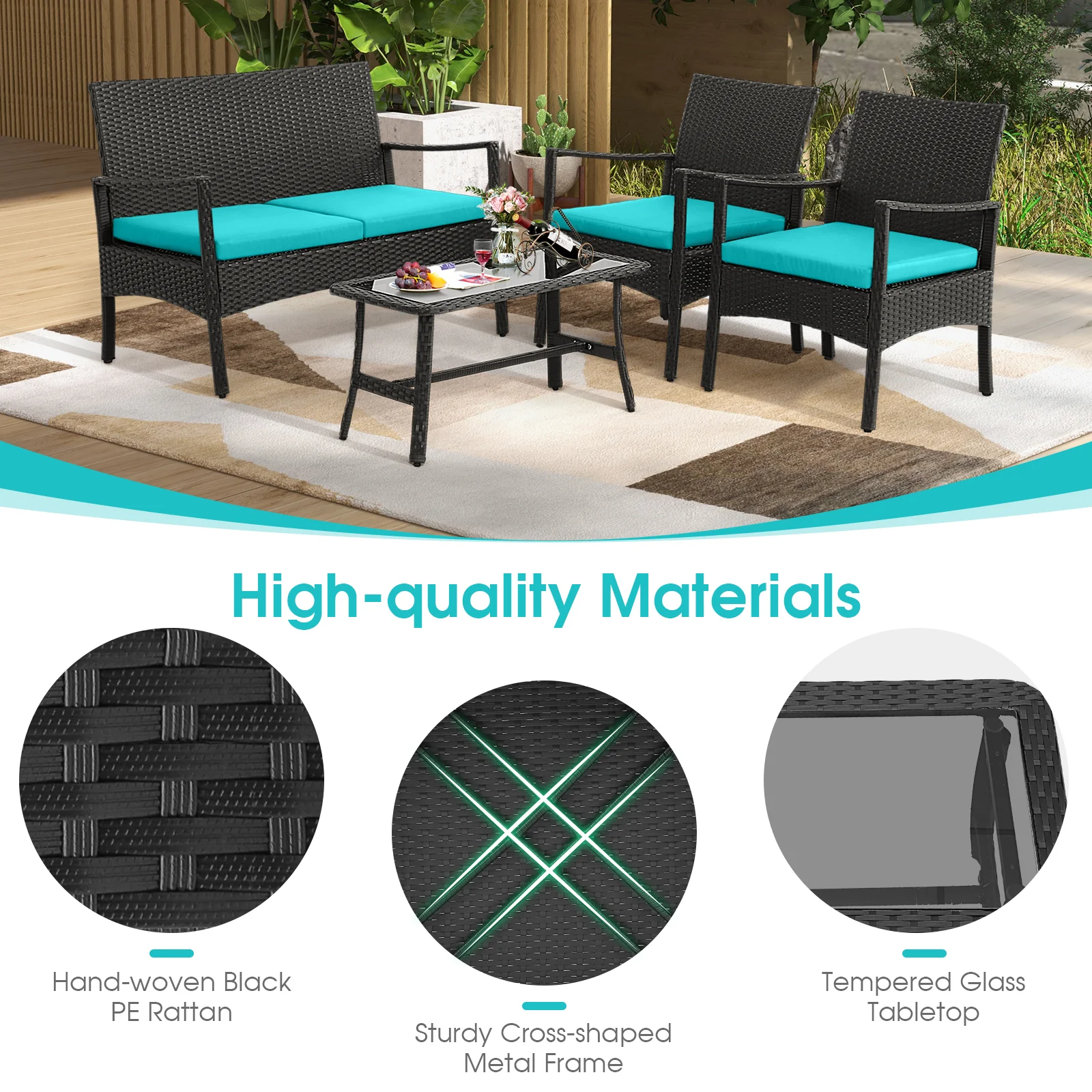 4 Piece Rattan Conversation Set, Tempered Glass Coffee Table, Turquoise - Image 6