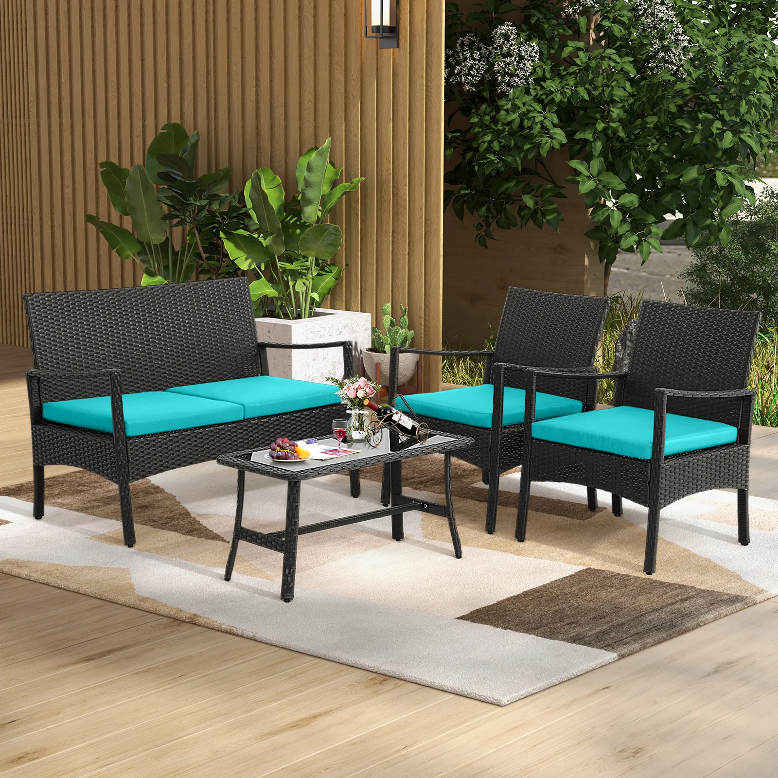 4 Piece Rattan Conversation Set, Tempered Glass Coffee Table, Turquoise - Image 7