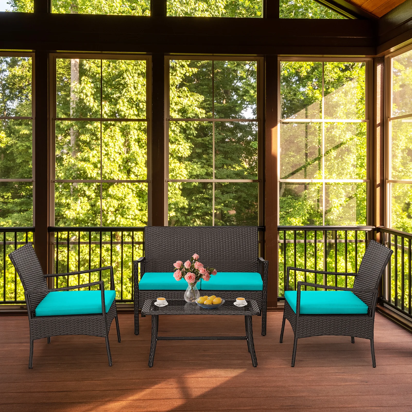 4 Piece Rattan Conversation Set, Tempered Glass Coffee Table, Turquoise - Image 8