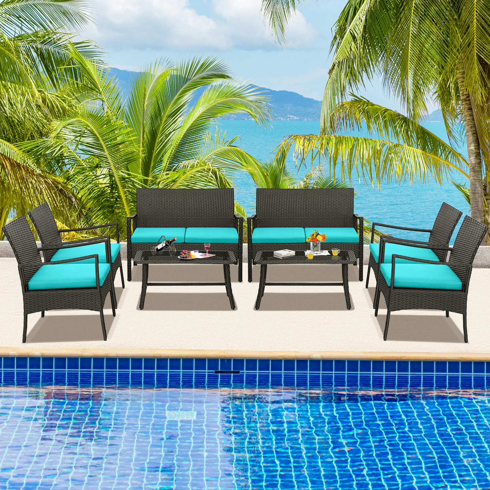4 Piece Rattan Conversation Set, Tempered Glass Coffee Table, Turquoise - Image 9
