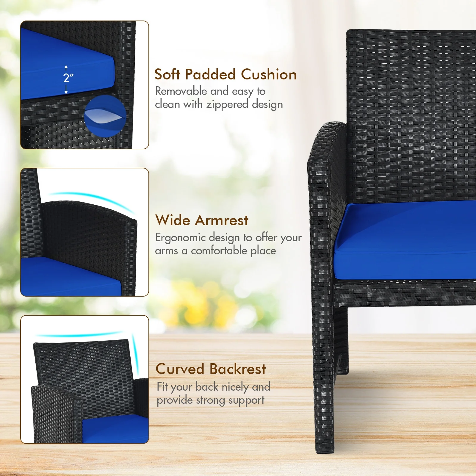 4 Piece Rattan Patio Furniture Set, Weather Resistant Cushions, Navy - Image 10