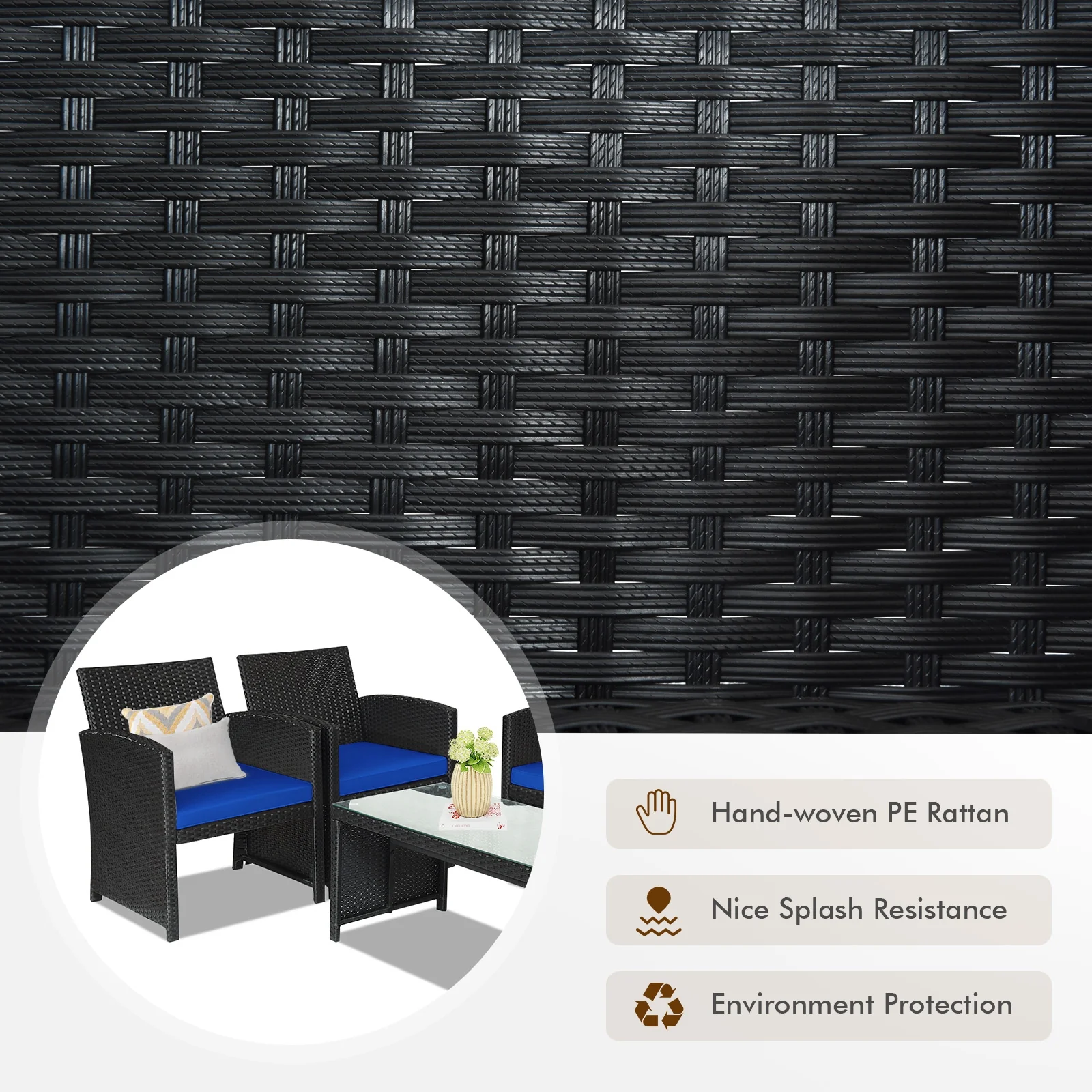 4 Piece Rattan Patio Furniture Set, Weather Resistant Cushions, Navy - Image 3