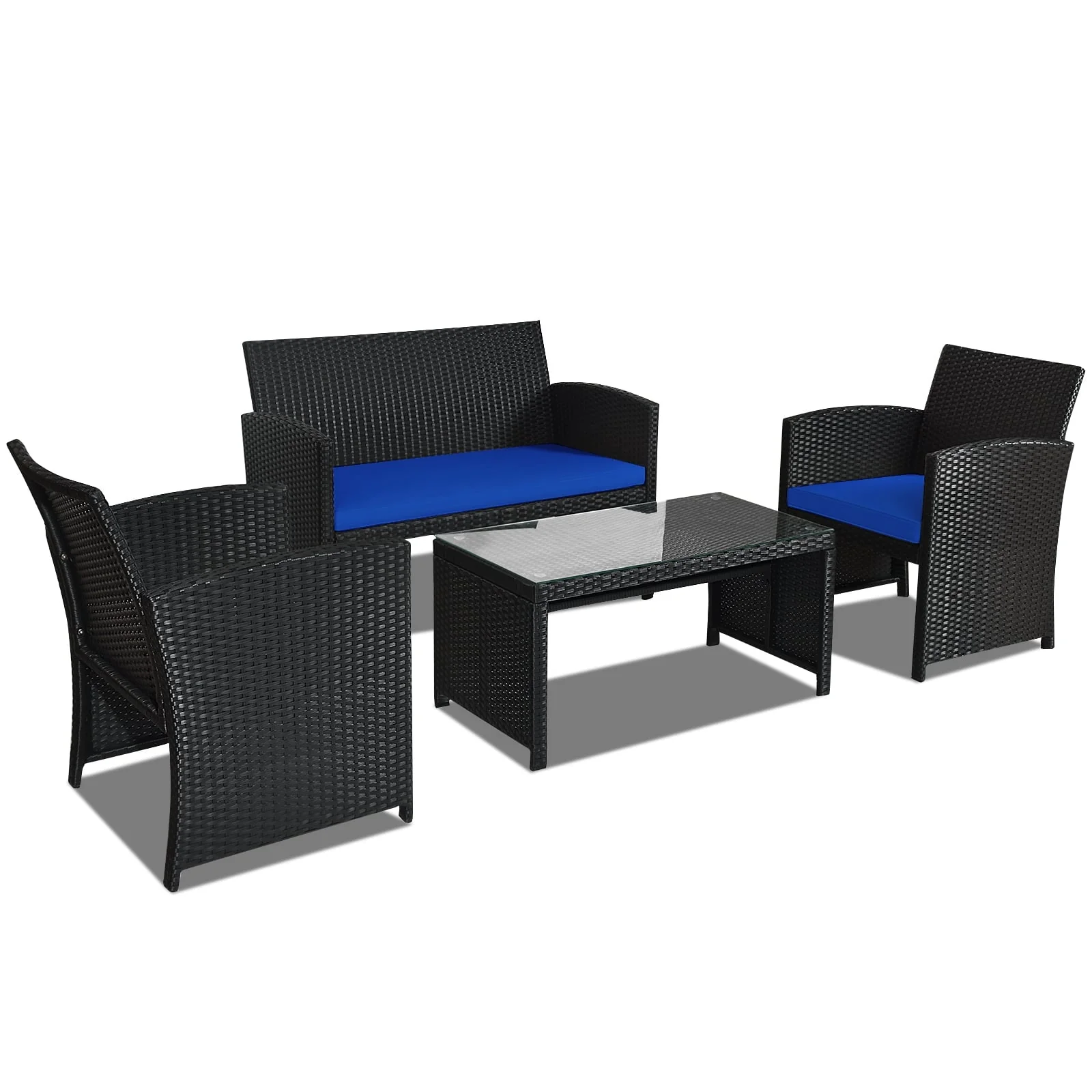 4 Piece Rattan Patio Furniture Set, Weather Resistant Cushions, Navy - Image 4