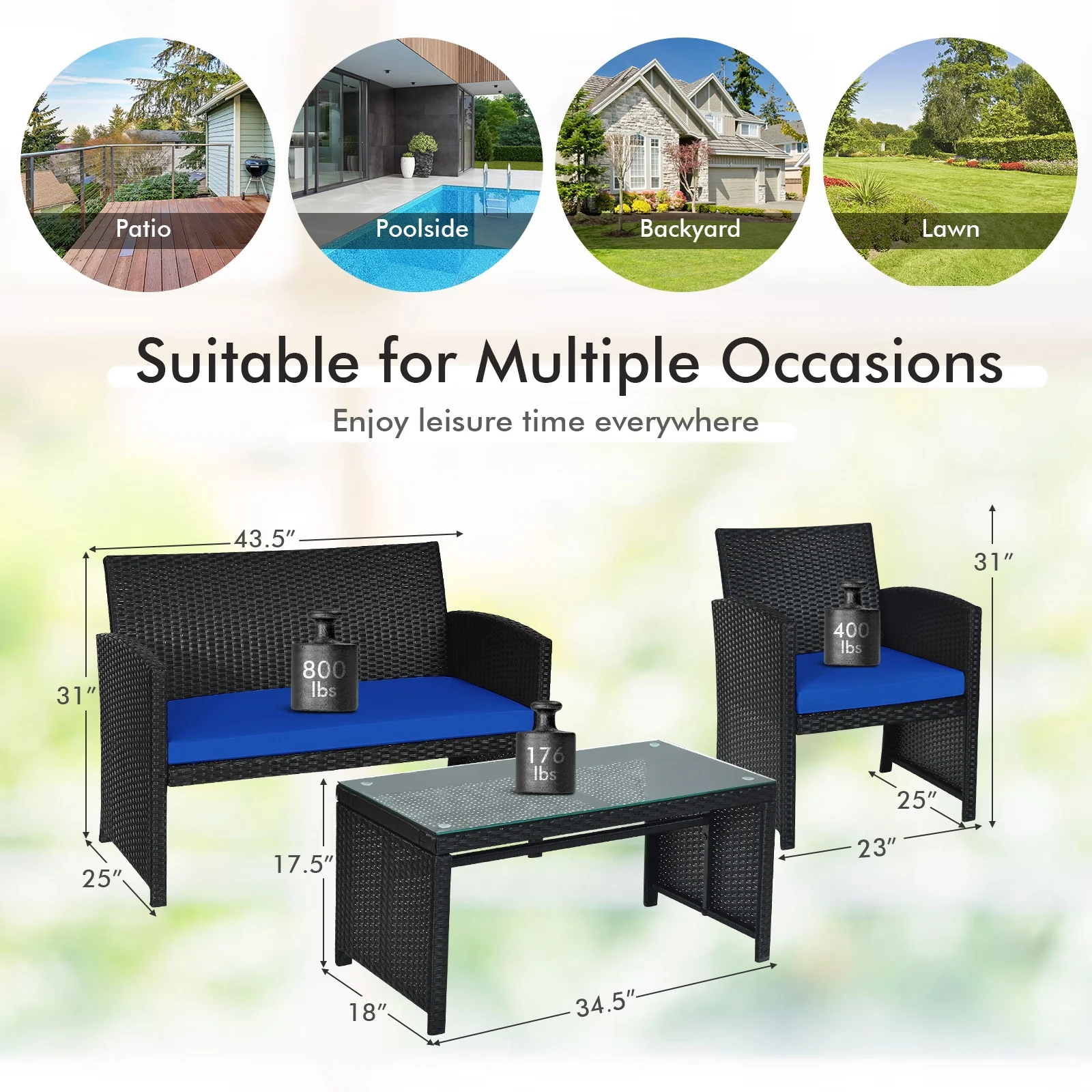 4 Piece Rattan Patio Furniture Set, Weather Resistant Cushions, Navy - Image 5
