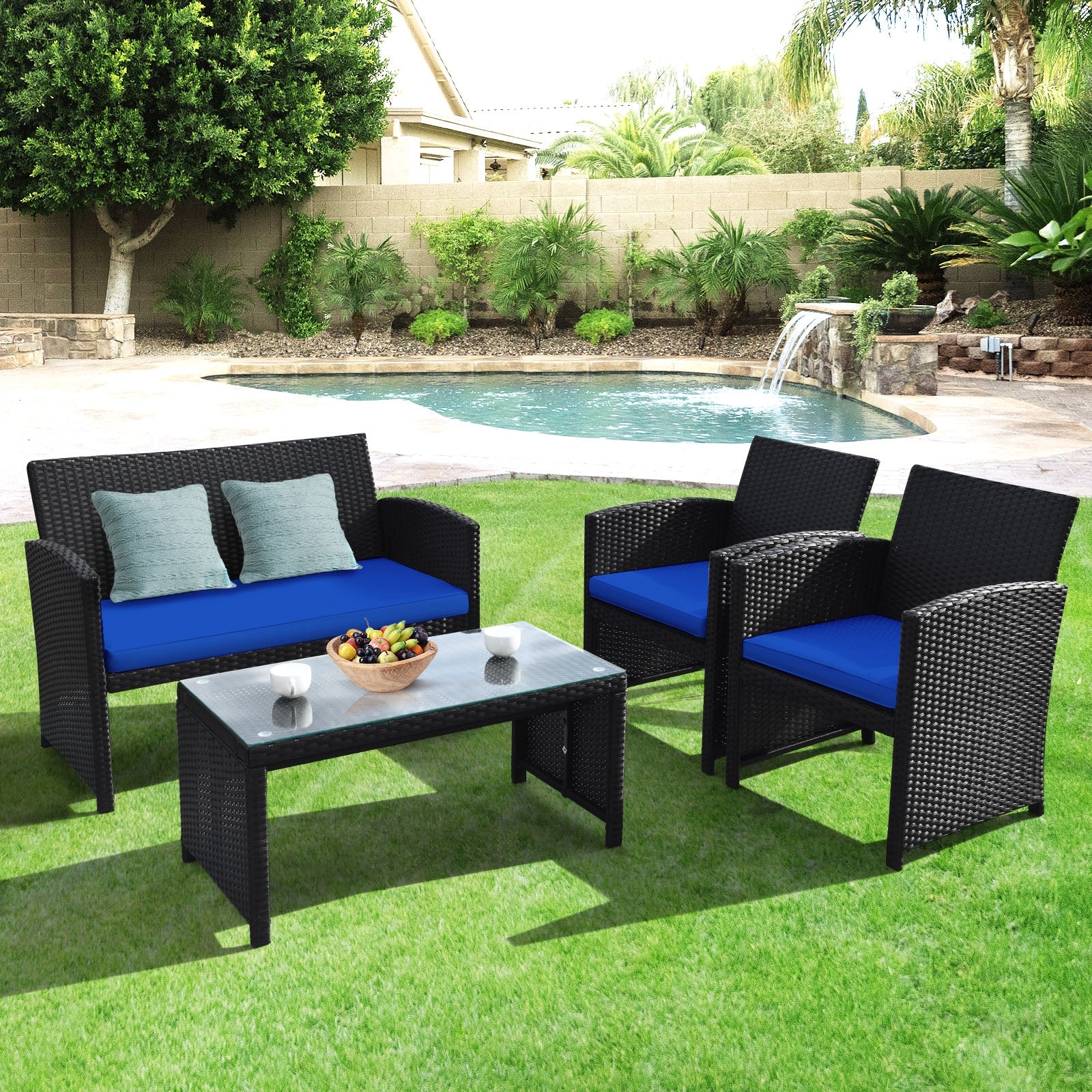 4 Piece Rattan Patio Furniture Set, Weather Resistant Cushions, Navy - Image 6