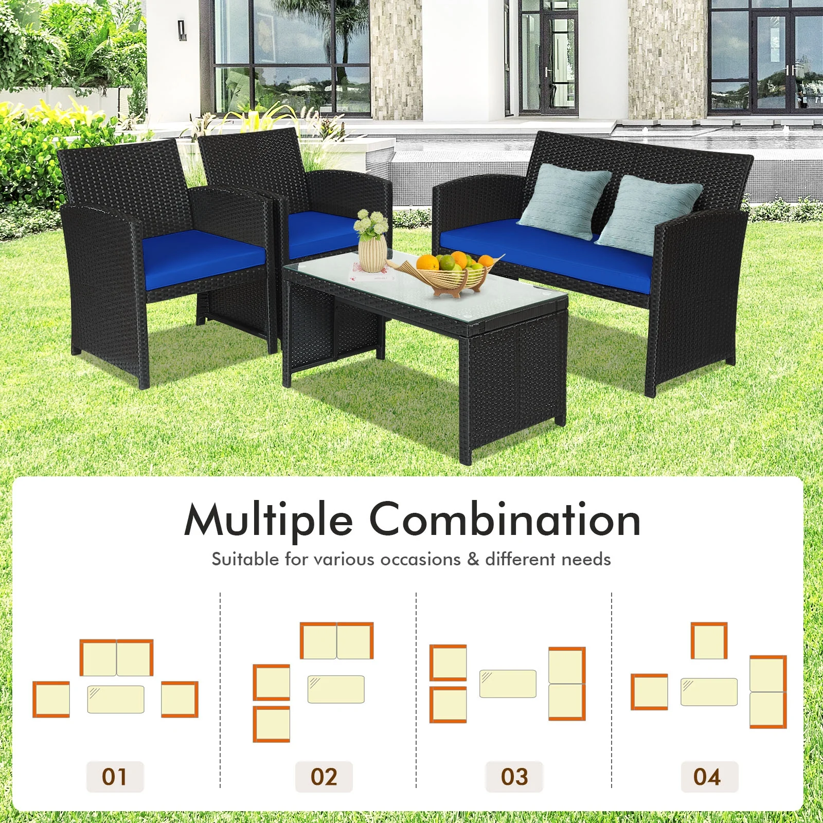 4 Piece Rattan Patio Furniture Set, Weather Resistant Cushions, Navy - Image 9