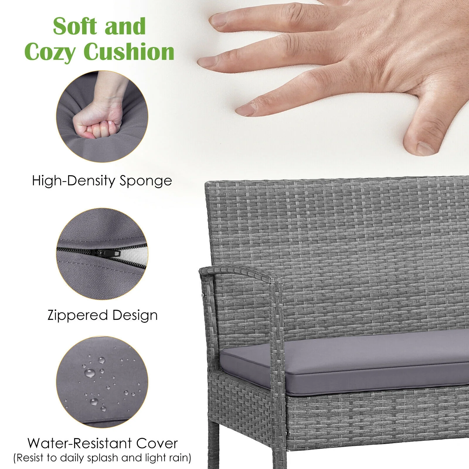 4 Piece Rattan Patio Set, Acacia Wood Tabletop, Gray - Image 10