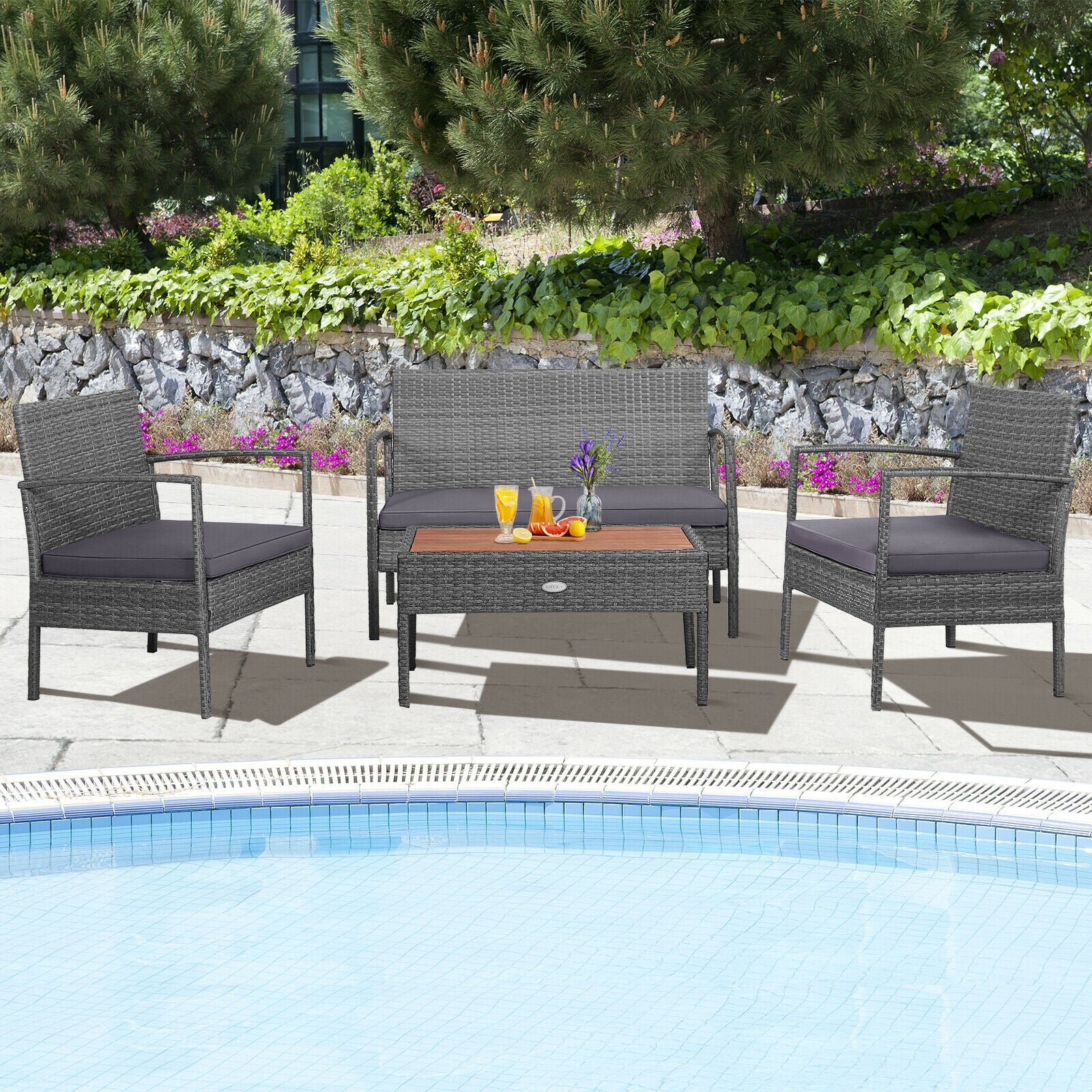 4 Piece Rattan Patio Set, Acacia Wood Tabletop, Gray - Image 2