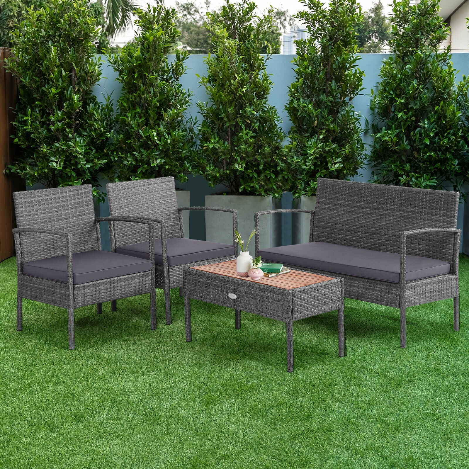 4 Piece Rattan Patio Set, Acacia Wood Tabletop, Gray - Image 3
