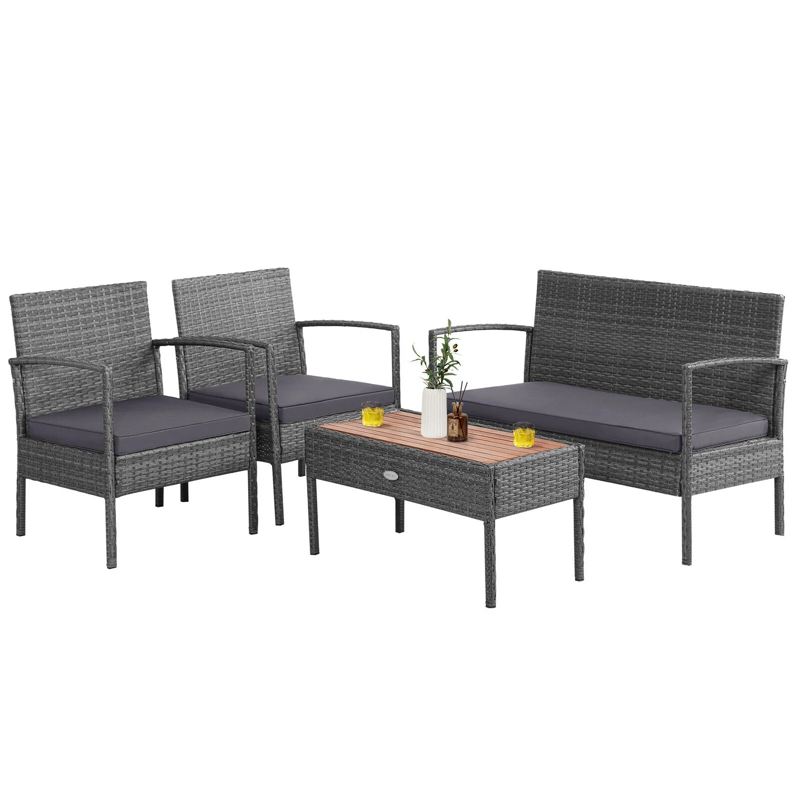 4 Piece Rattan Patio Set, Acacia Wood Tabletop, Gray - Image 4