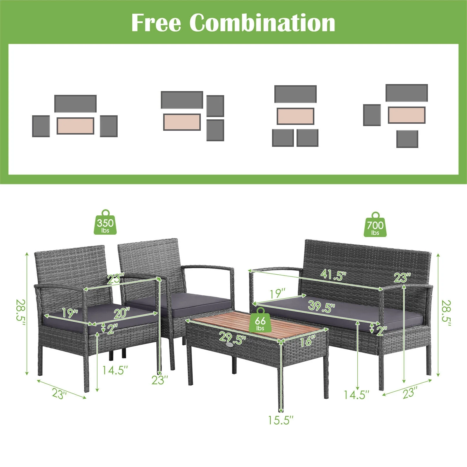 4 Piece Rattan Patio Set, Acacia Wood Tabletop, Gray - Image 6