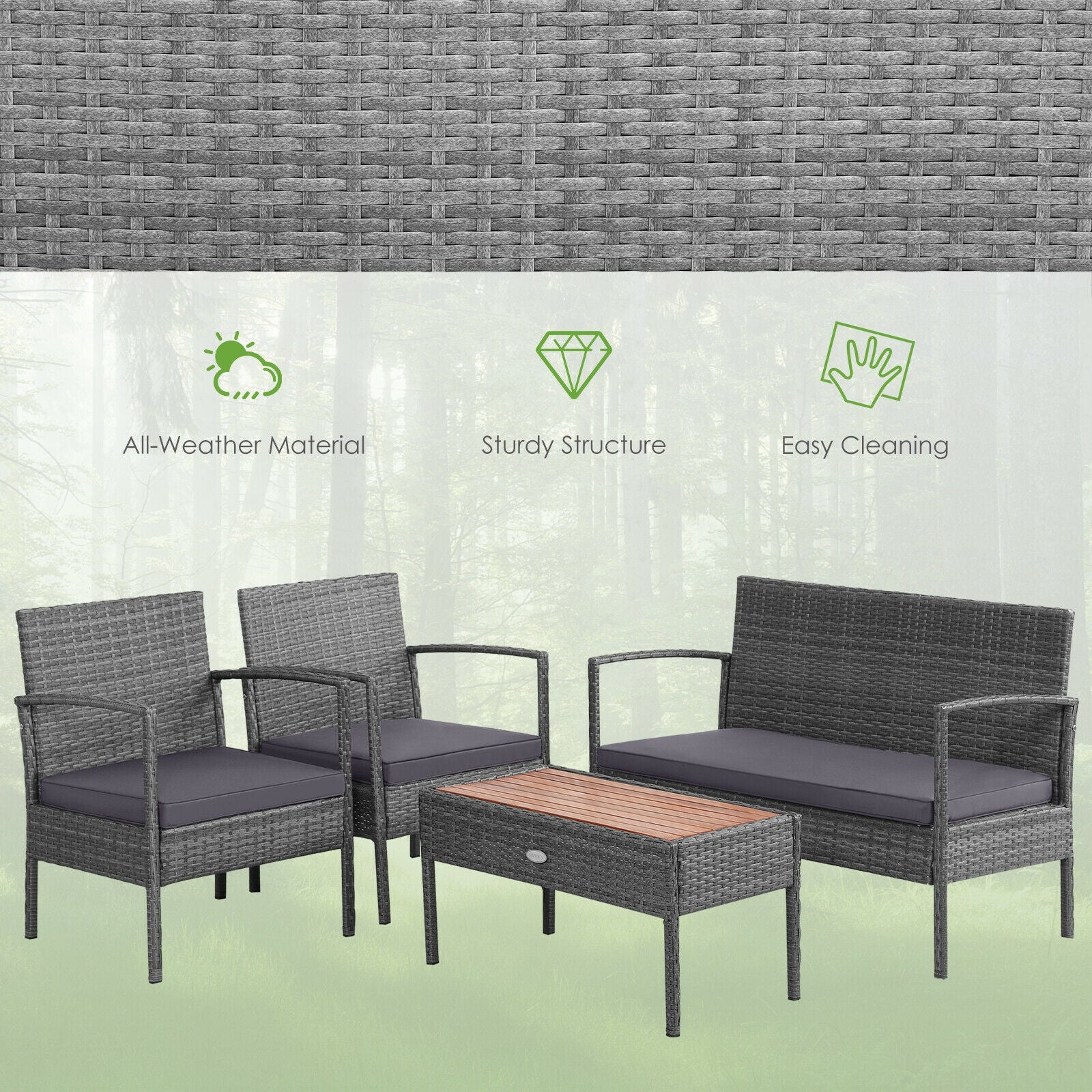 4 Piece Rattan Patio Set, Acacia Wood Tabletop, Gray - Image 7