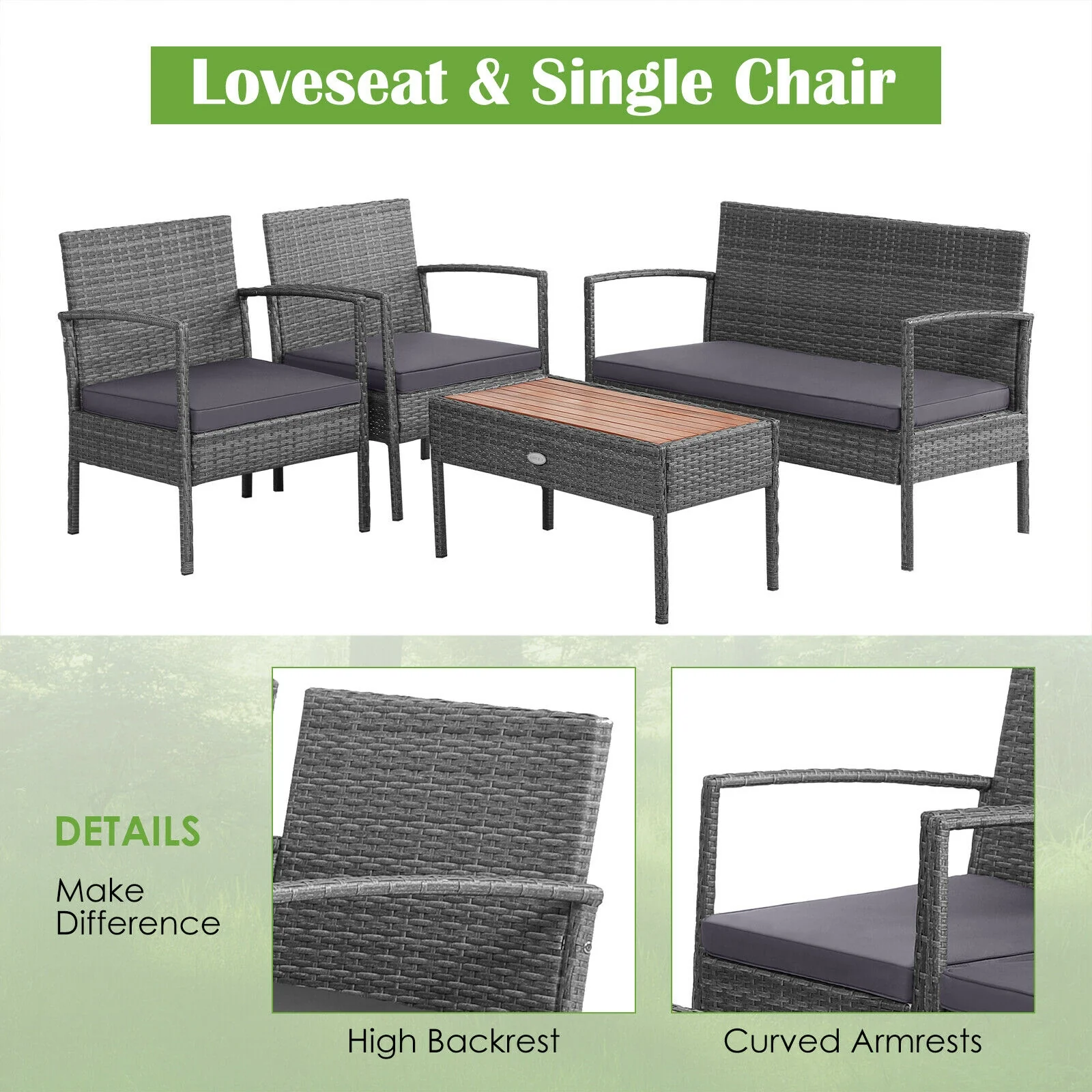 4 Piece Rattan Patio Set, Acacia Wood Tabletop, Gray - Image 8