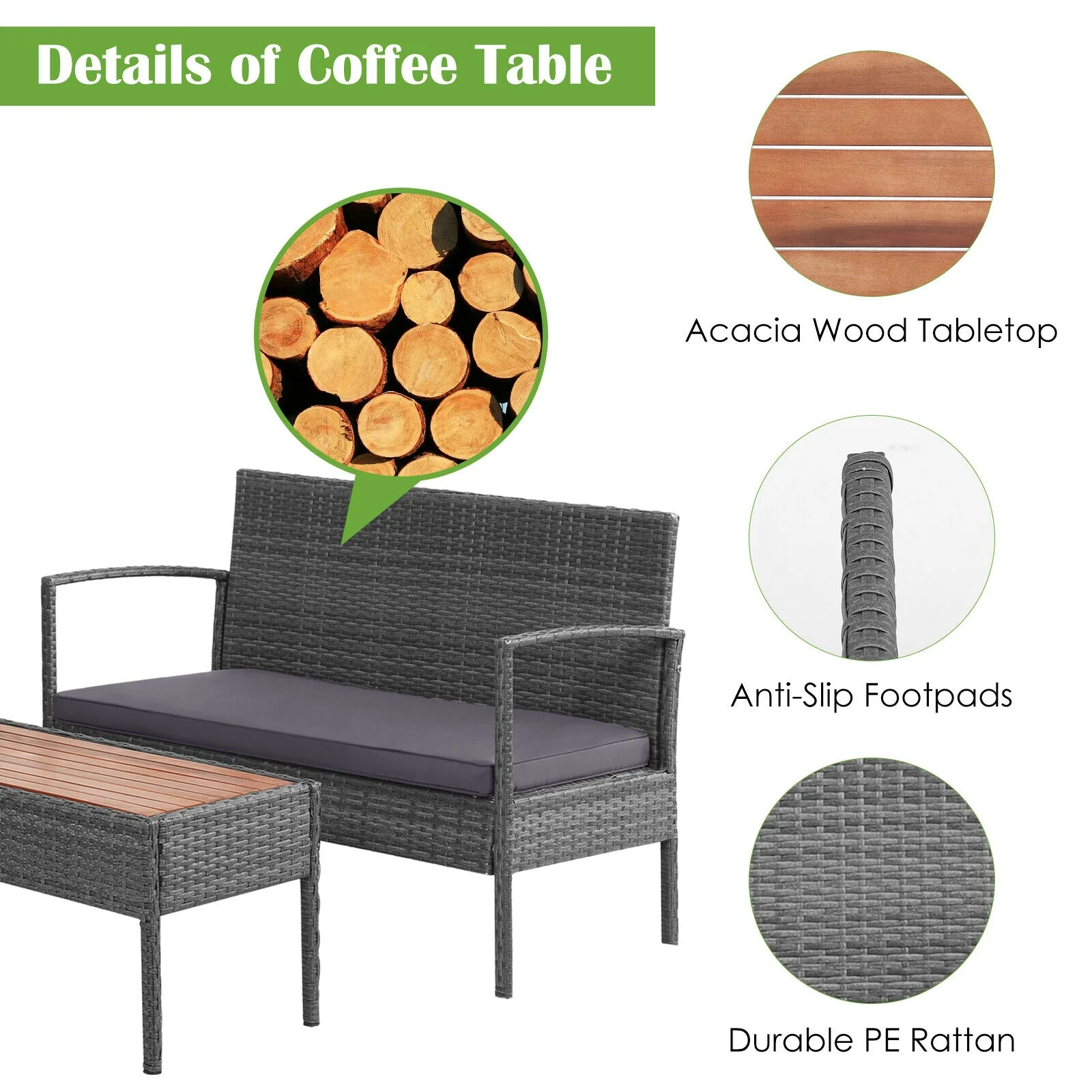 4 Piece Rattan Patio Set, Acacia Wood Tabletop, Gray - Image 9