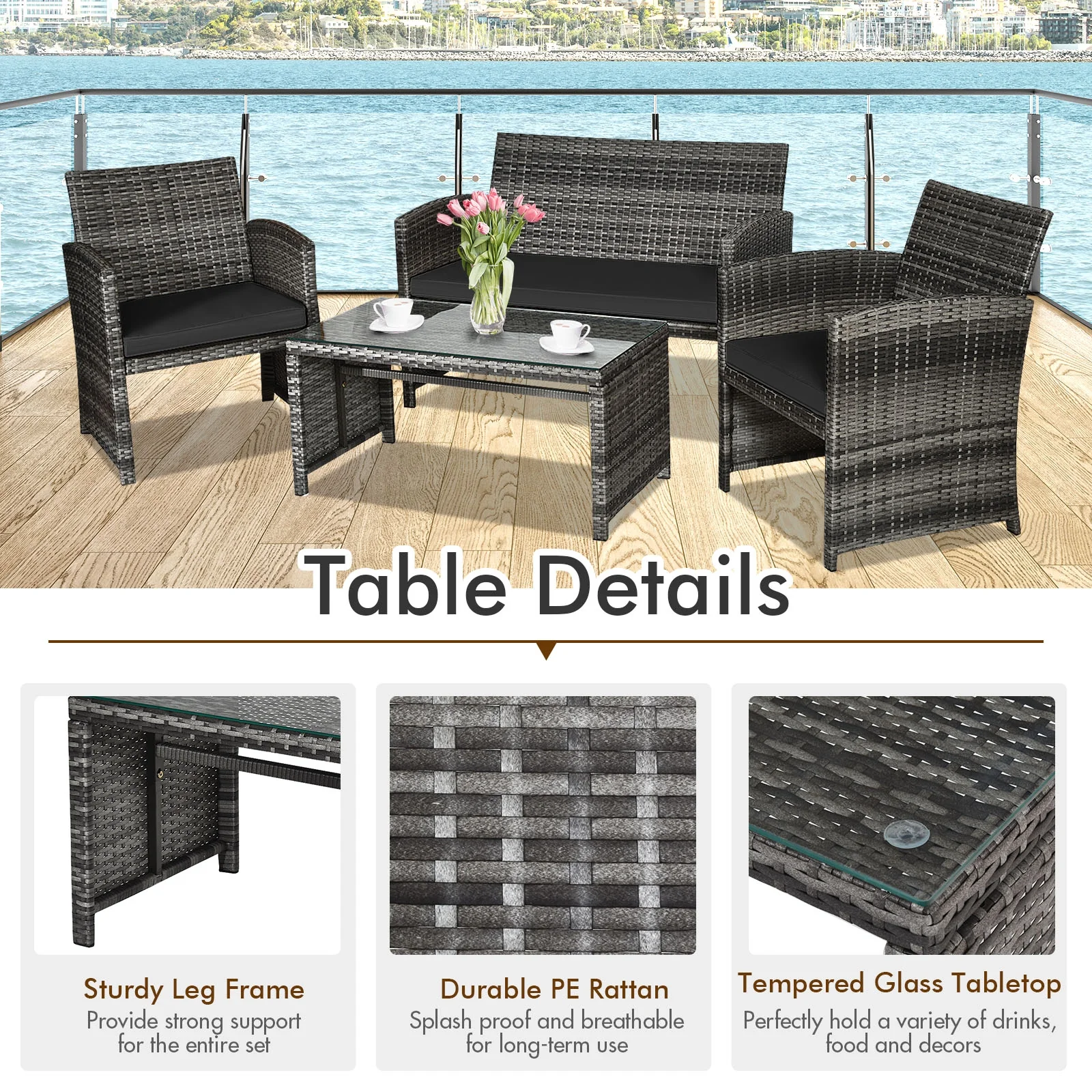 4 Piece Rattan Patio Set, Glass Table, Loveseat, Black - Image 10