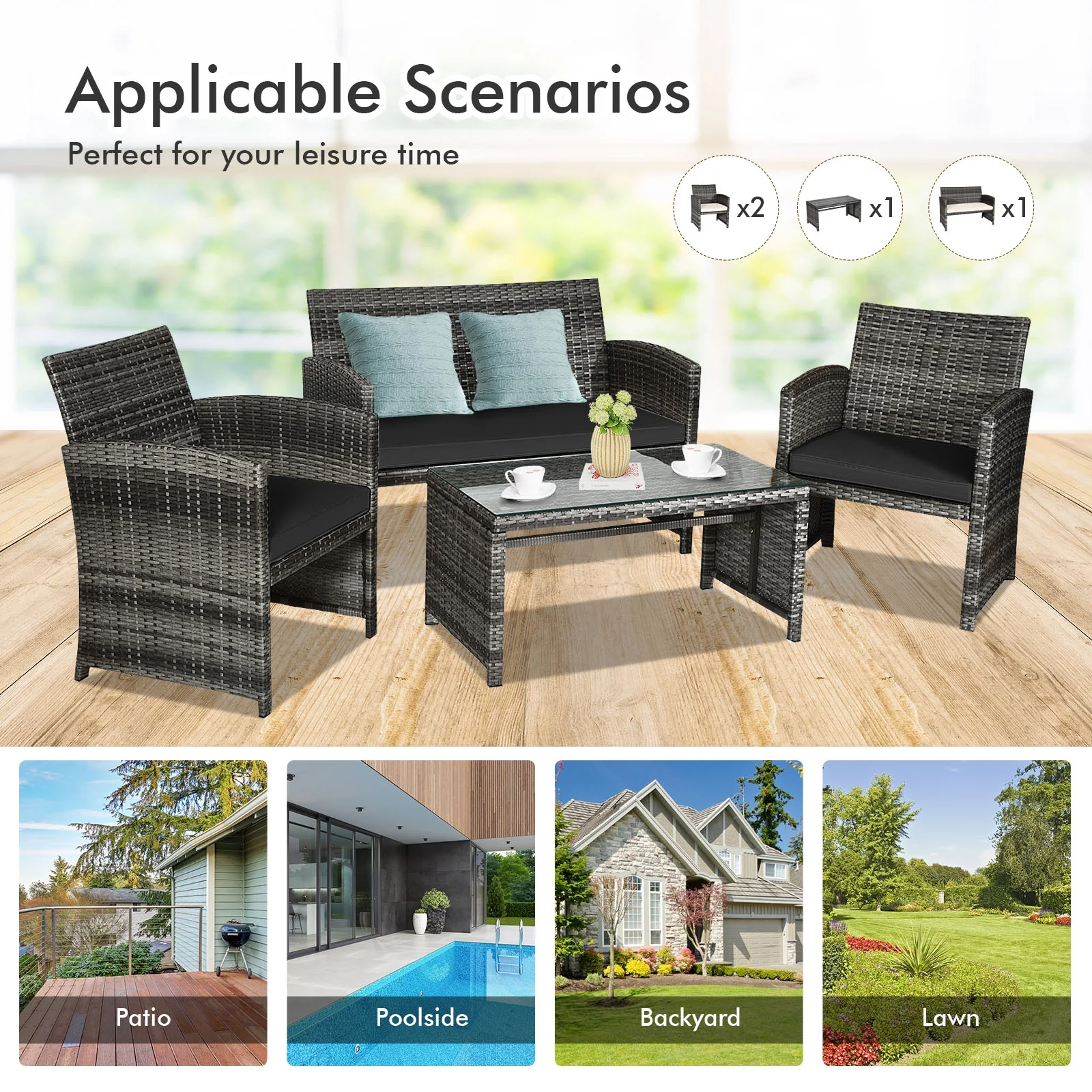 4 Piece Rattan Patio Set, Glass Table, Loveseat, Black - Image 4