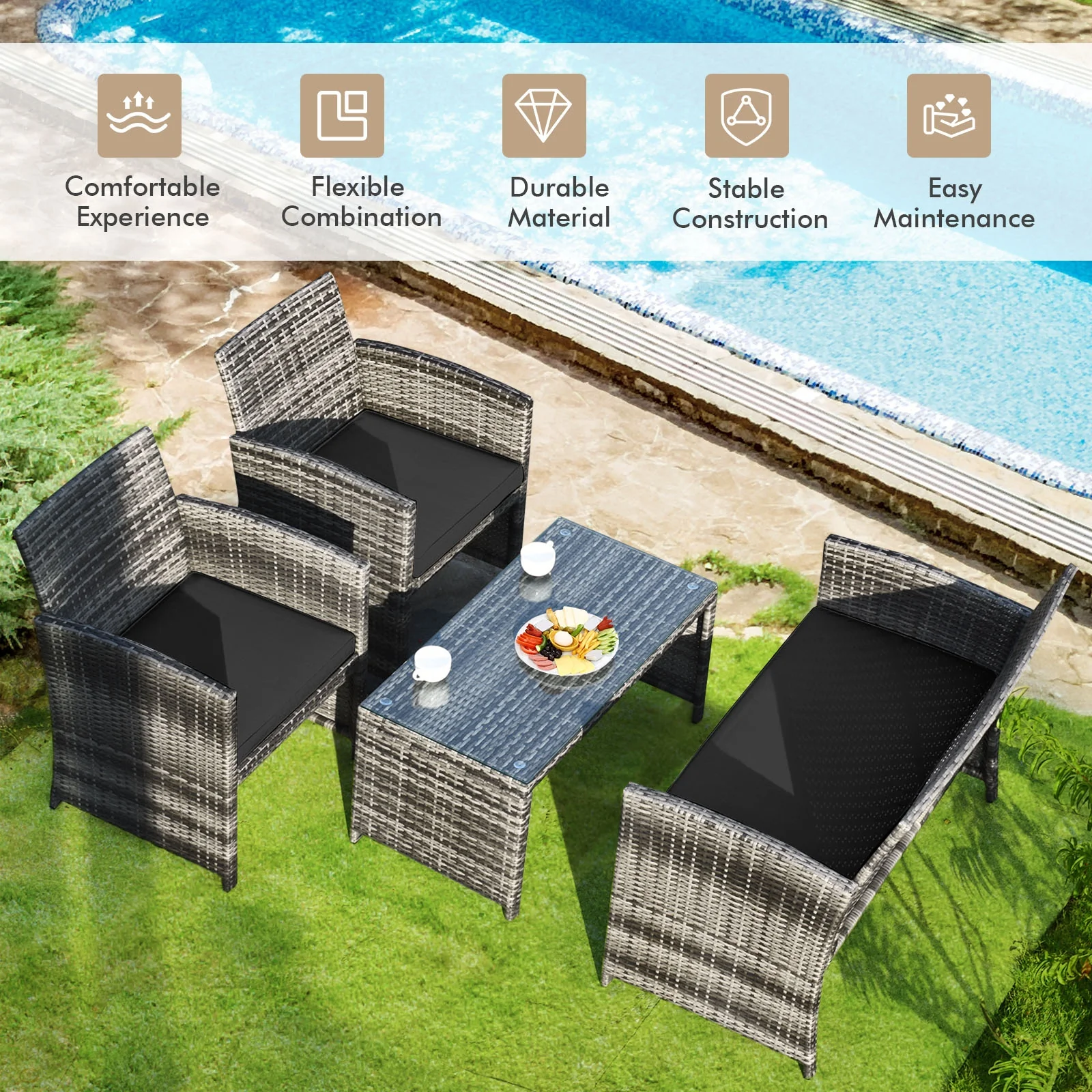 4 Piece Rattan Patio Set, Glass Table, Loveseat, Black - Image 6