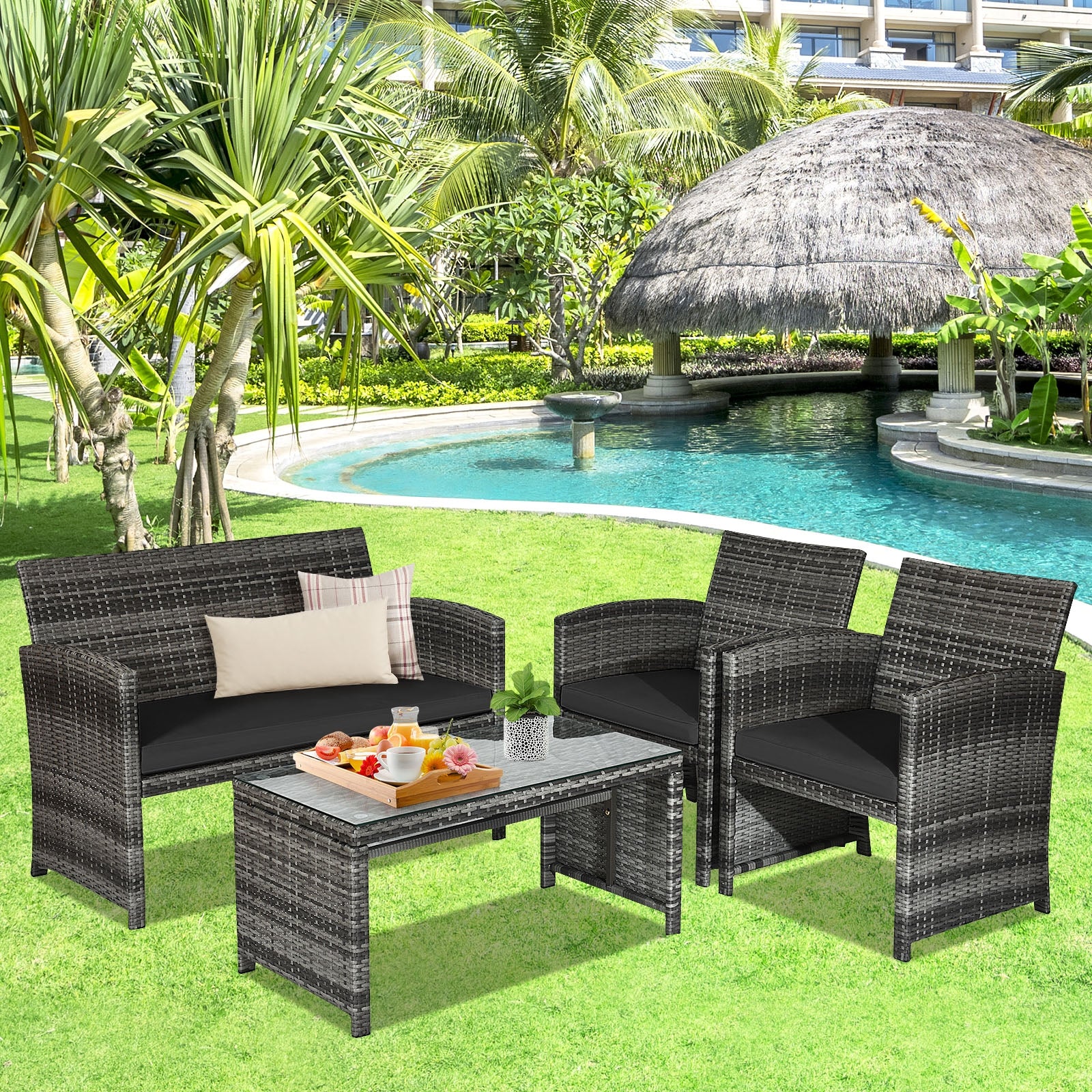 4 Piece Rattan Patio Set, Glass Table, Loveseat, Black - Image 7