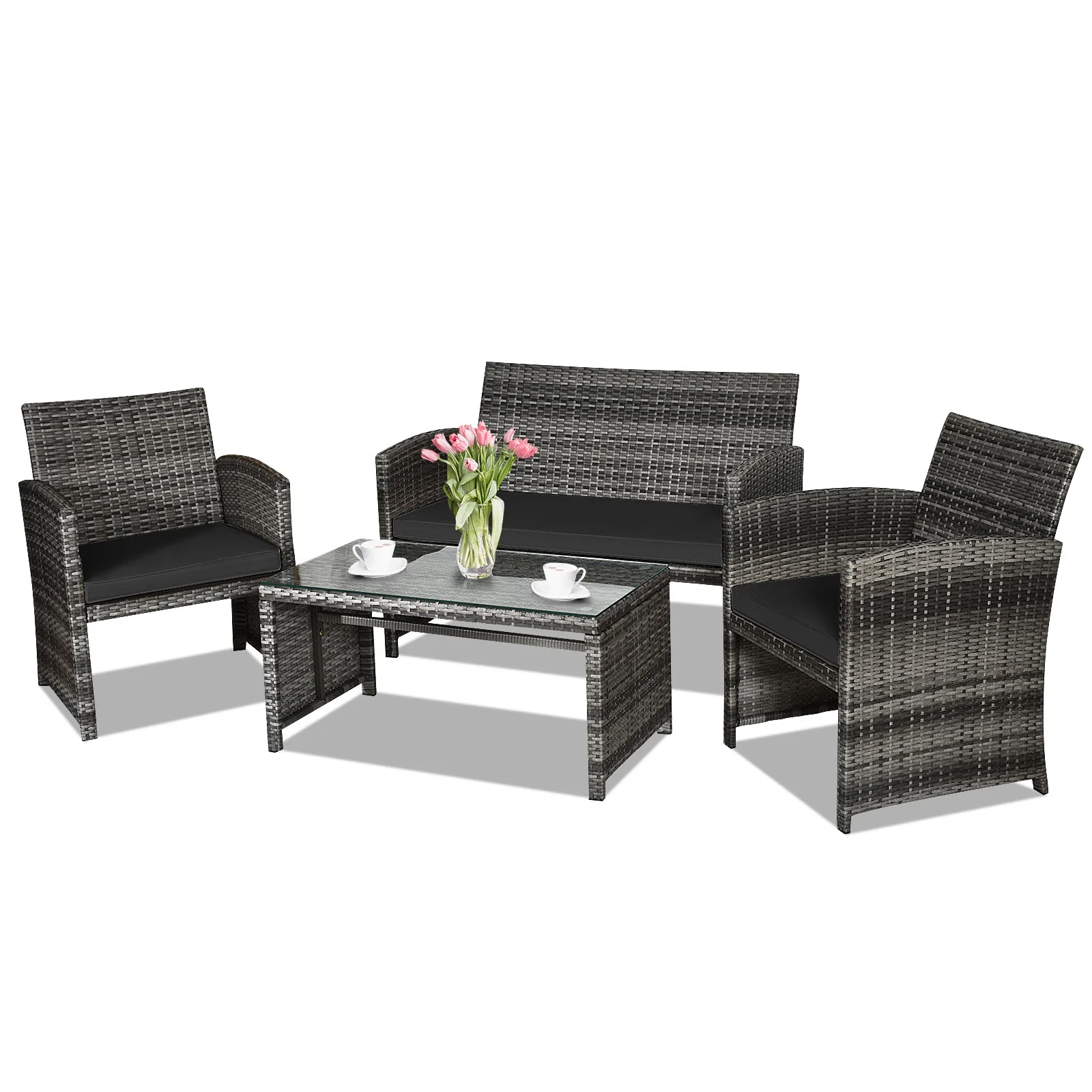 4 Piece Rattan Patio Set, Glass Table, Loveseat, Black - Image 8