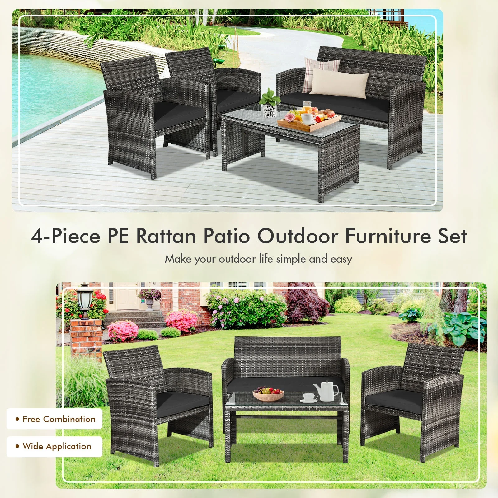 4 Piece Rattan Patio Set, Glass Table, Loveseat, Black - Image 9