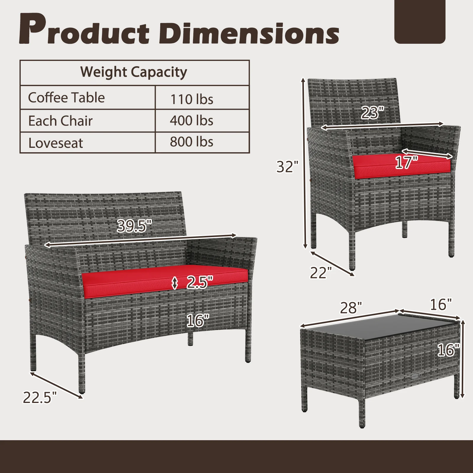 4 Piece Rattan Patio Set, Tempered Glass Coffee Table, Red - Image 6