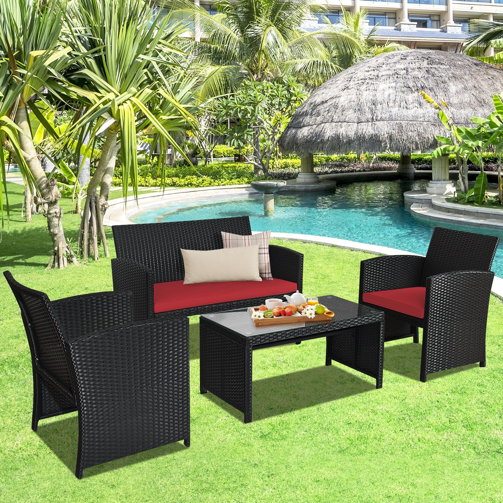 4 Piece Rattan Patio Set, Weather Resistant Cushions, Tempered Glass Tabletop, Red - Image 2