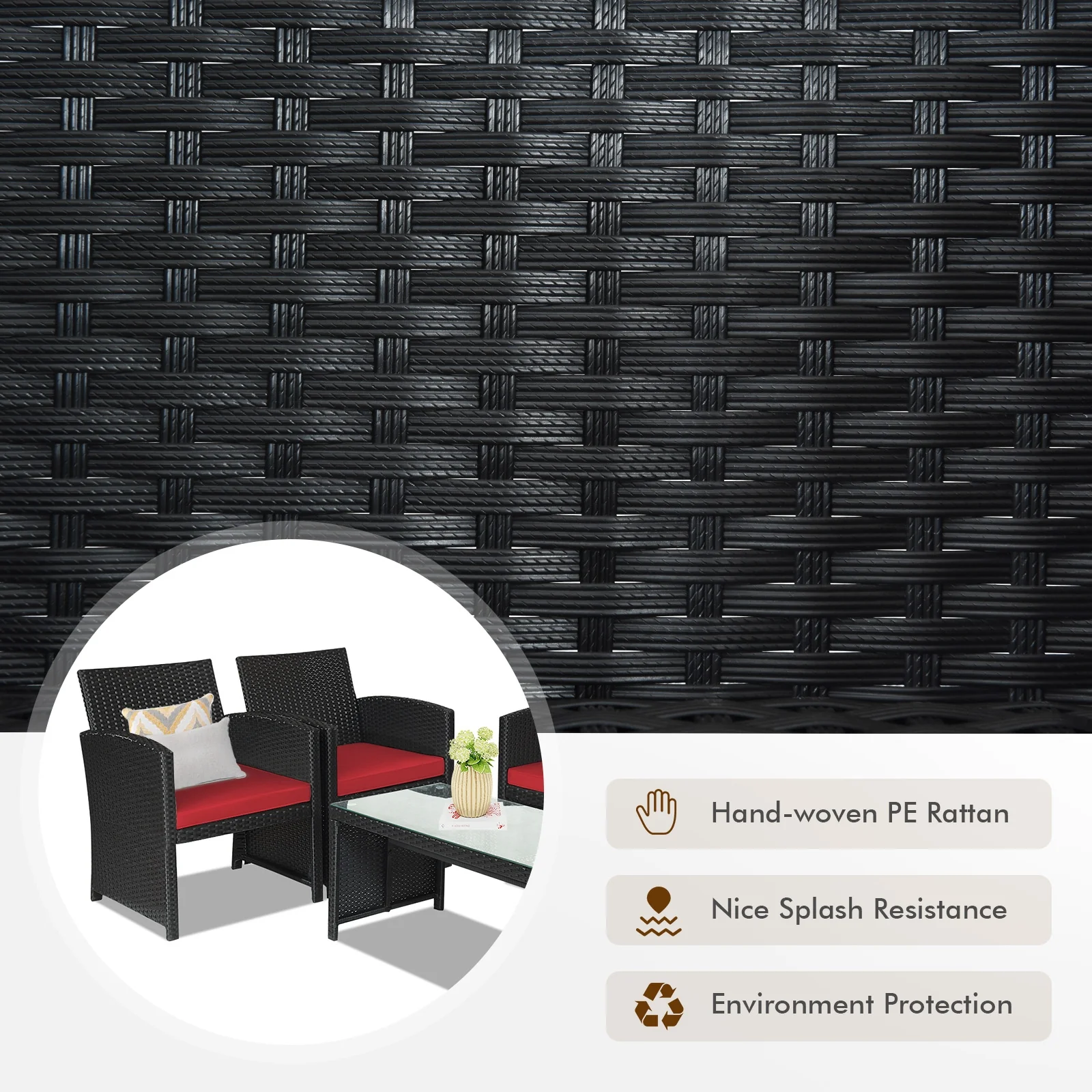 4 Piece Rattan Patio Set, Weather Resistant Cushions, Tempered Glass Tabletop, Red - Image 3