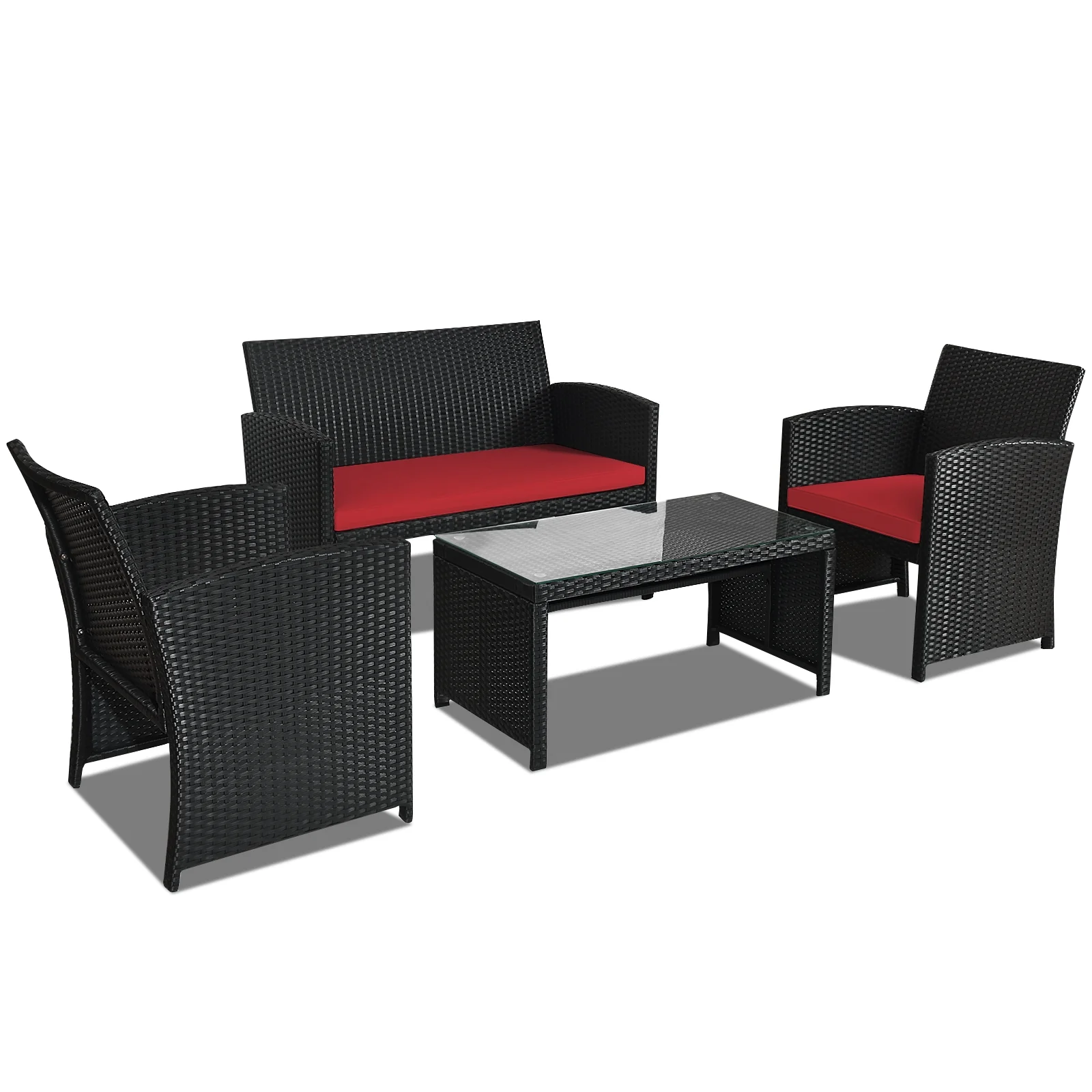 4 Piece Rattan Patio Set, Weather Resistant Cushions, Tempered Glass Tabletop, Red - Image 4