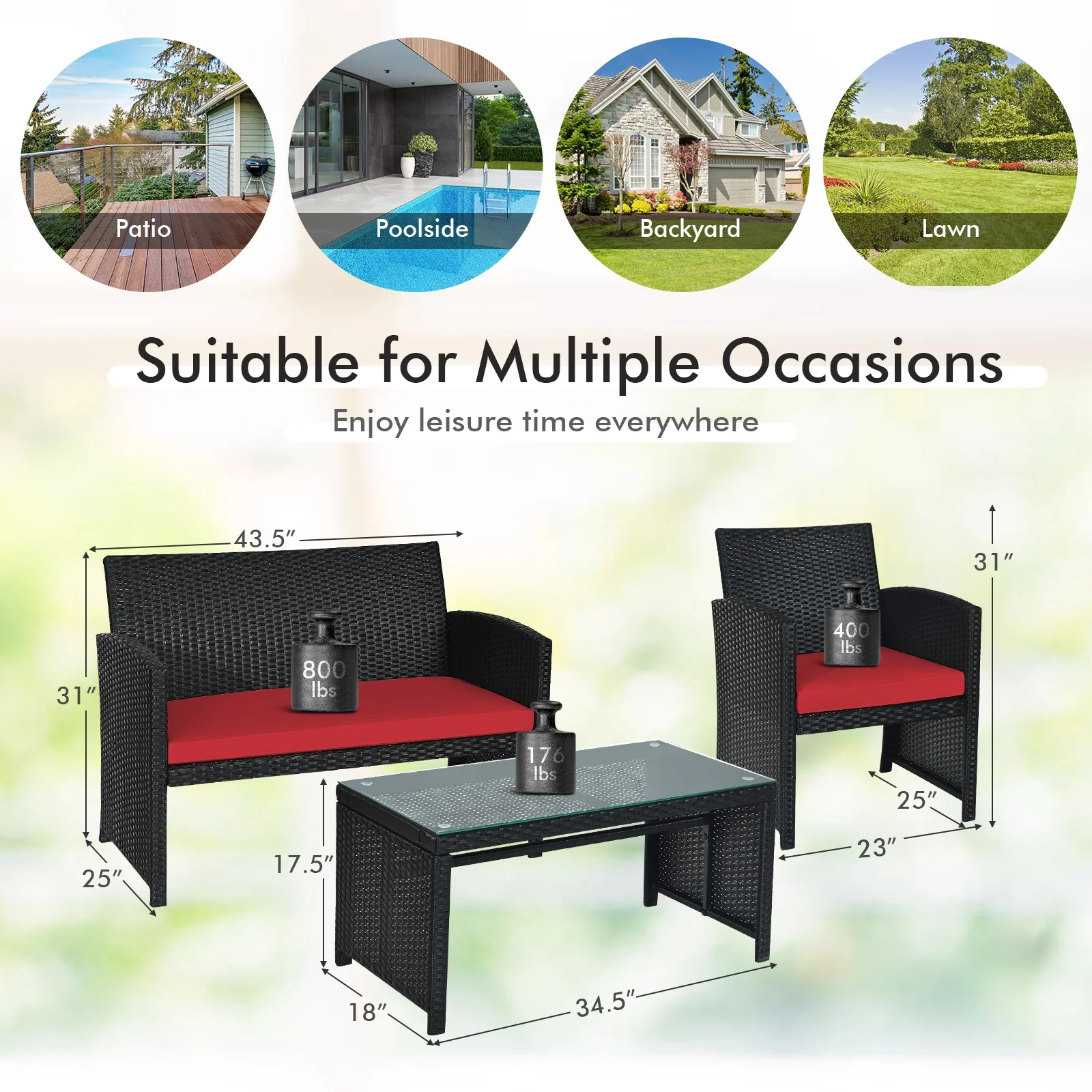 4 Piece Rattan Patio Set, Weather Resistant Cushions, Tempered Glass Tabletop, Red - Image 5
