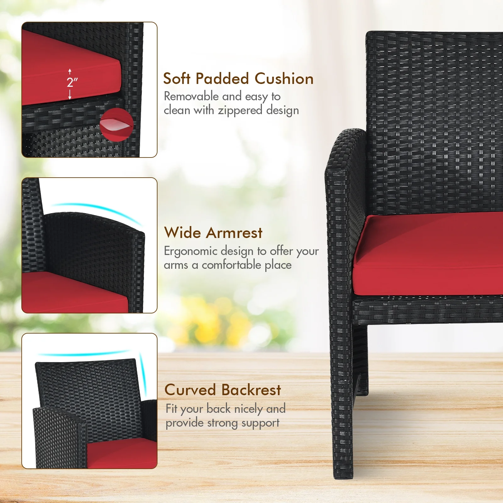 4 Piece Rattan Patio Set, Weather Resistant Cushions, Tempered Glass Tabletop, Red - Image 6