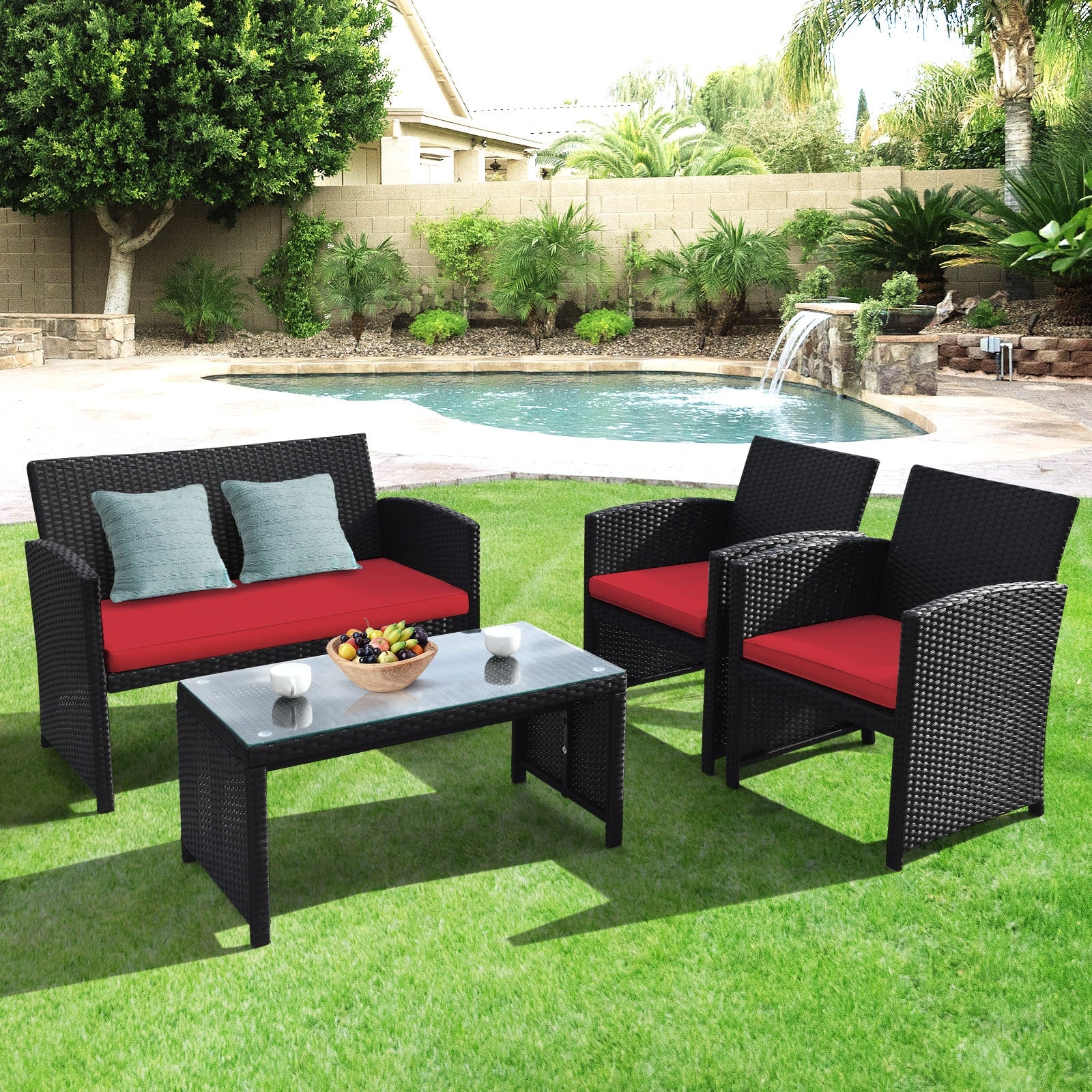 4 Piece Rattan Patio Set, Weather Resistant Cushions, Tempered Glass Tabletop, Red - Image 7
