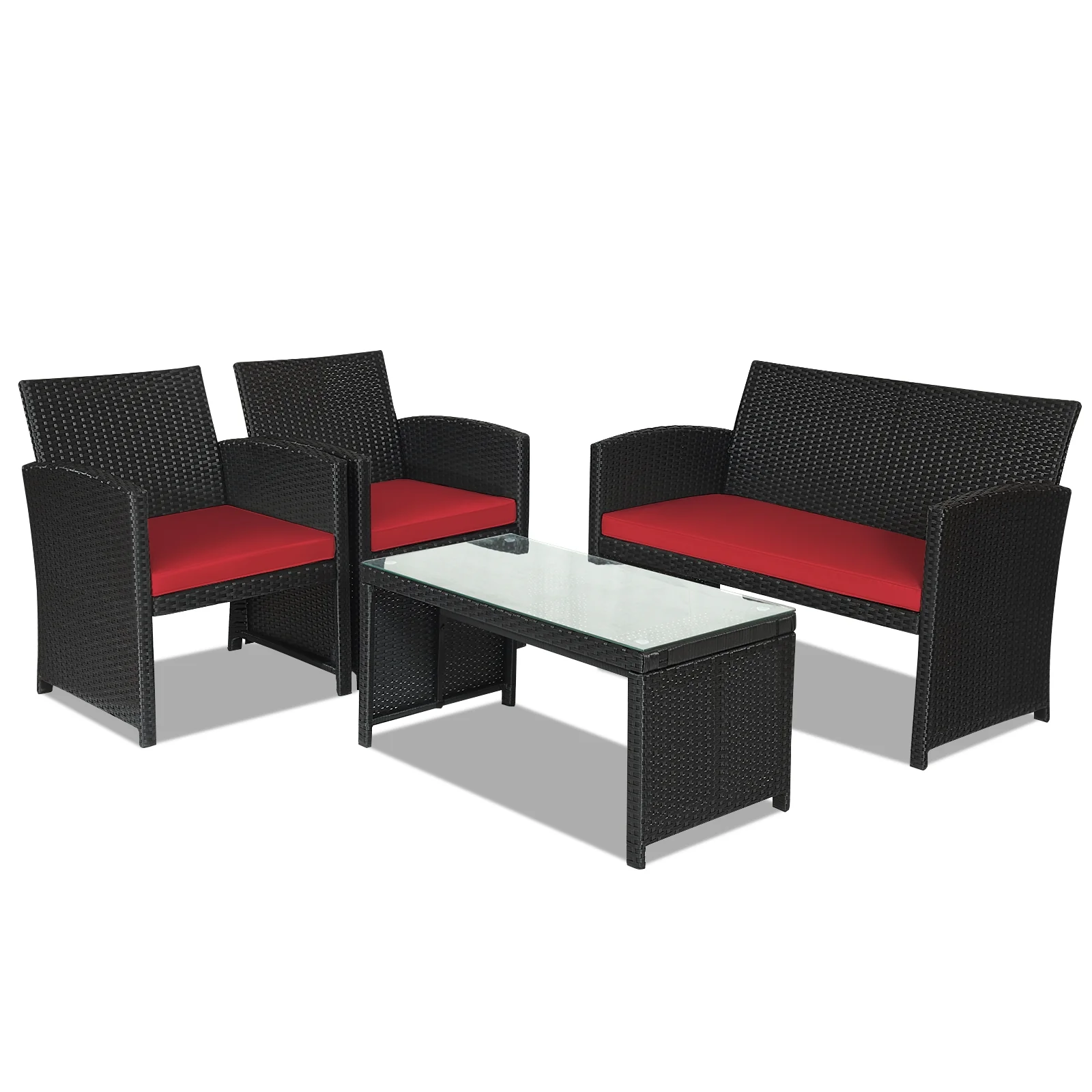 4 Piece Rattan Patio Set, Weather Resistant Cushions, Tempered Glass Tabletop, Red - Image 8