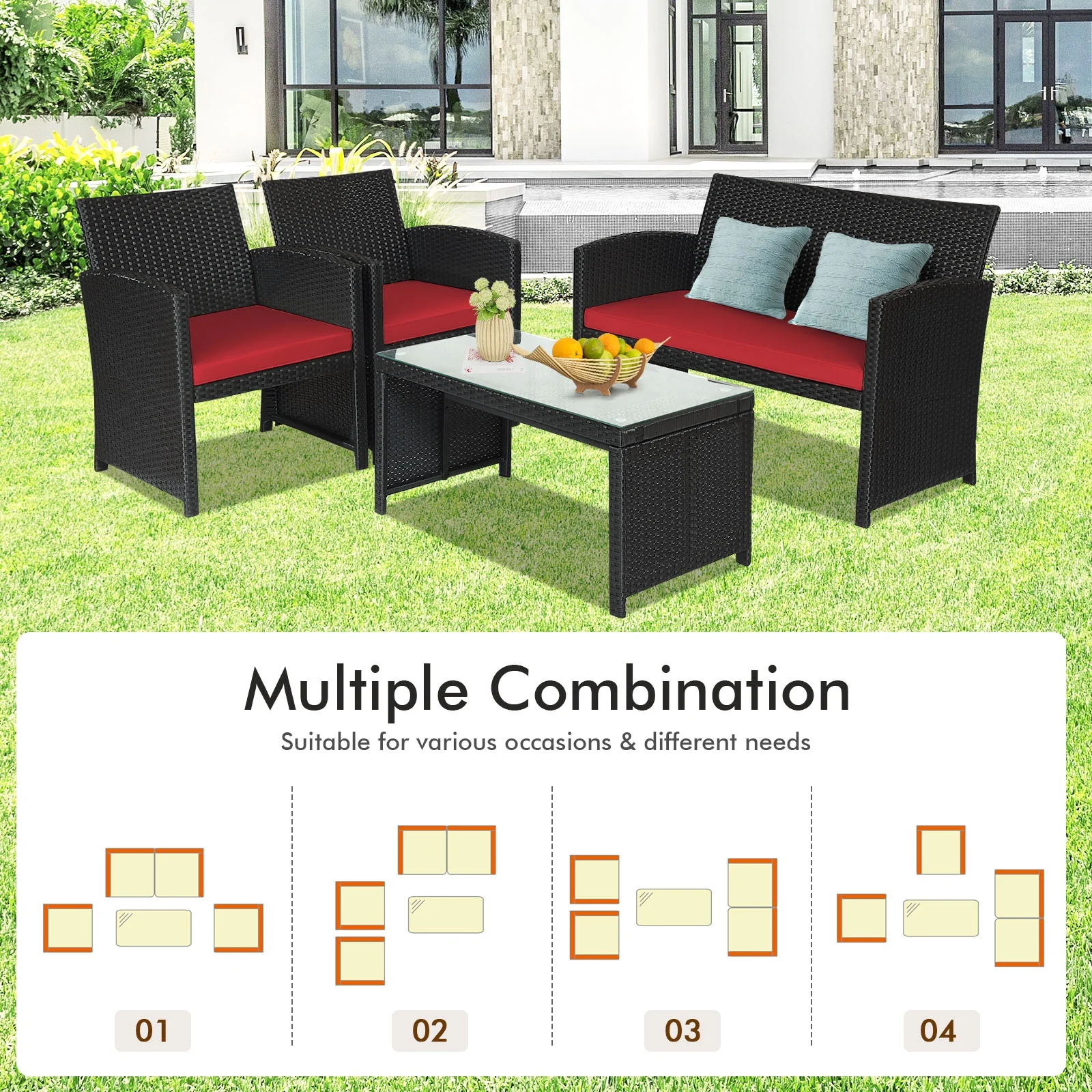 4 Piece Rattan Patio Set, Weather Resistant Cushions, Tempered Glass Tabletop, Red - Image 9