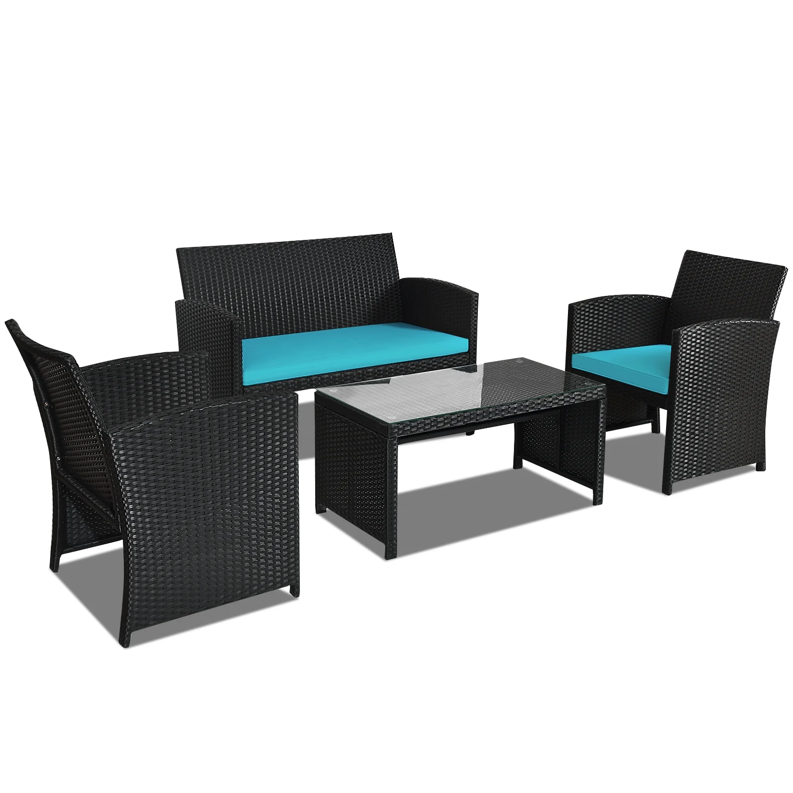 4-Piece Rattan Patio Set, Weather Resistant Cushions, Tempered Glass Tabletop, Turquoise
