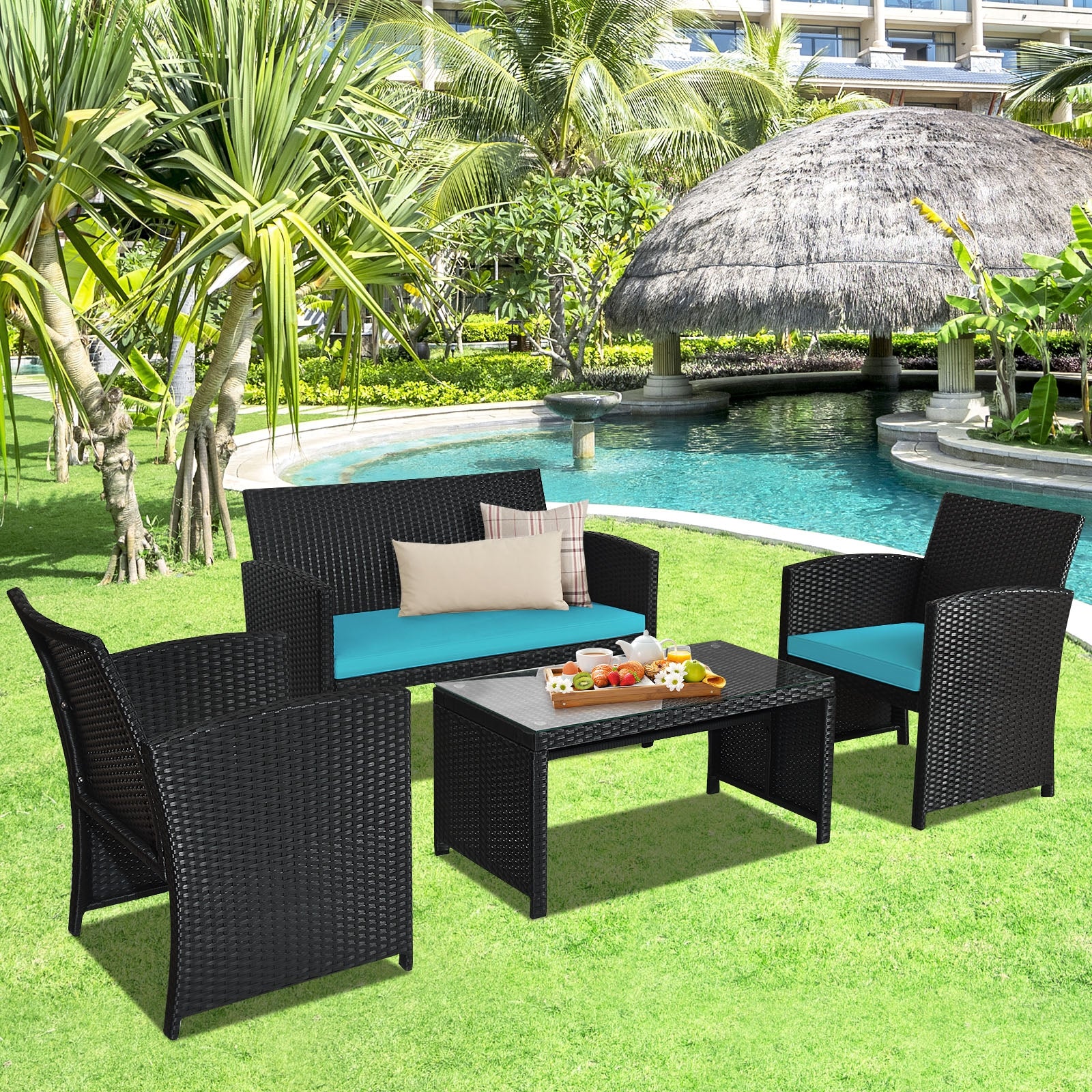 4-Piece Rattan Patio Set, Weather Resistant Cushions, Tempered Glass Tabletop, Turquoise - Image 2