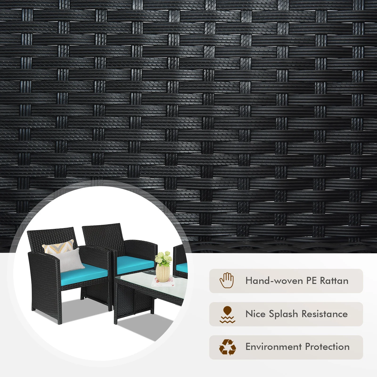 4-Piece Rattan Patio Set, Weather Resistant Cushions, Tempered Glass Tabletop, Turquoise - Image 3